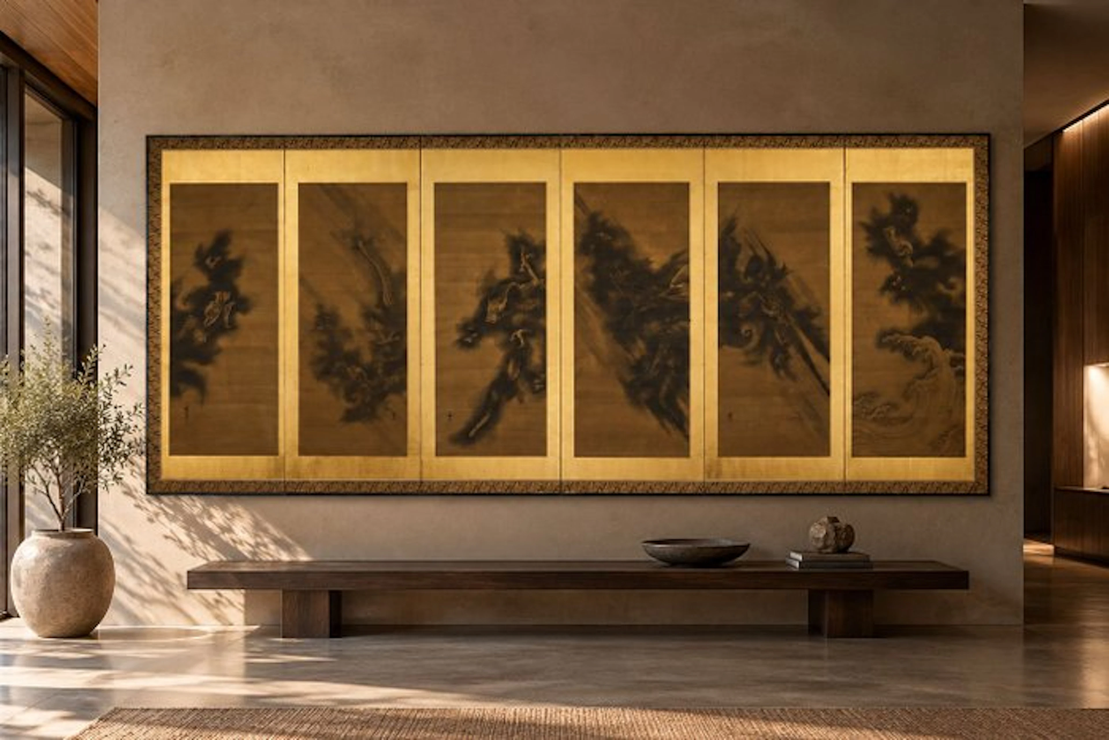 A six-panel folding screen with dragons amid clouds