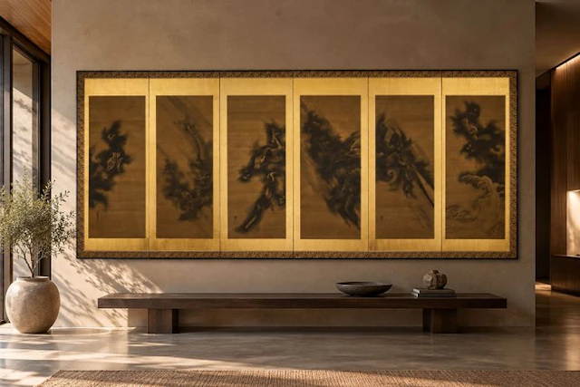 A six-panel folding screen with dragons amid clouds