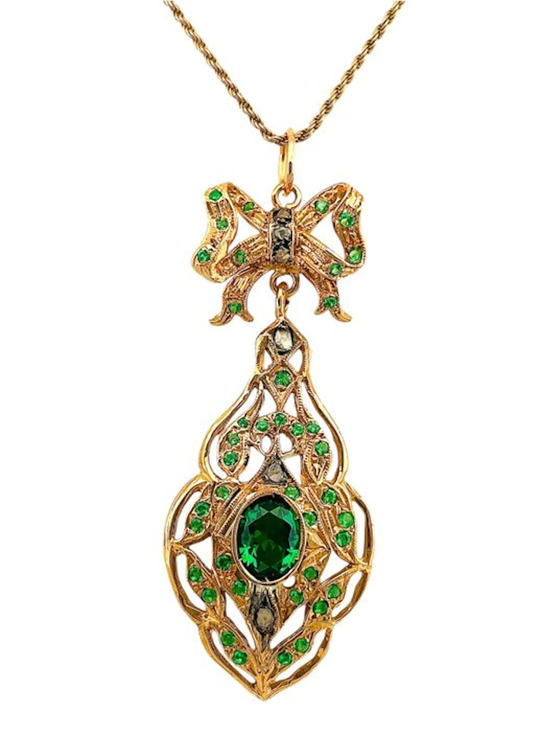 No reserve price - Necklace - 9 kt. Yellow gold, Silver Emerald - Diamond
