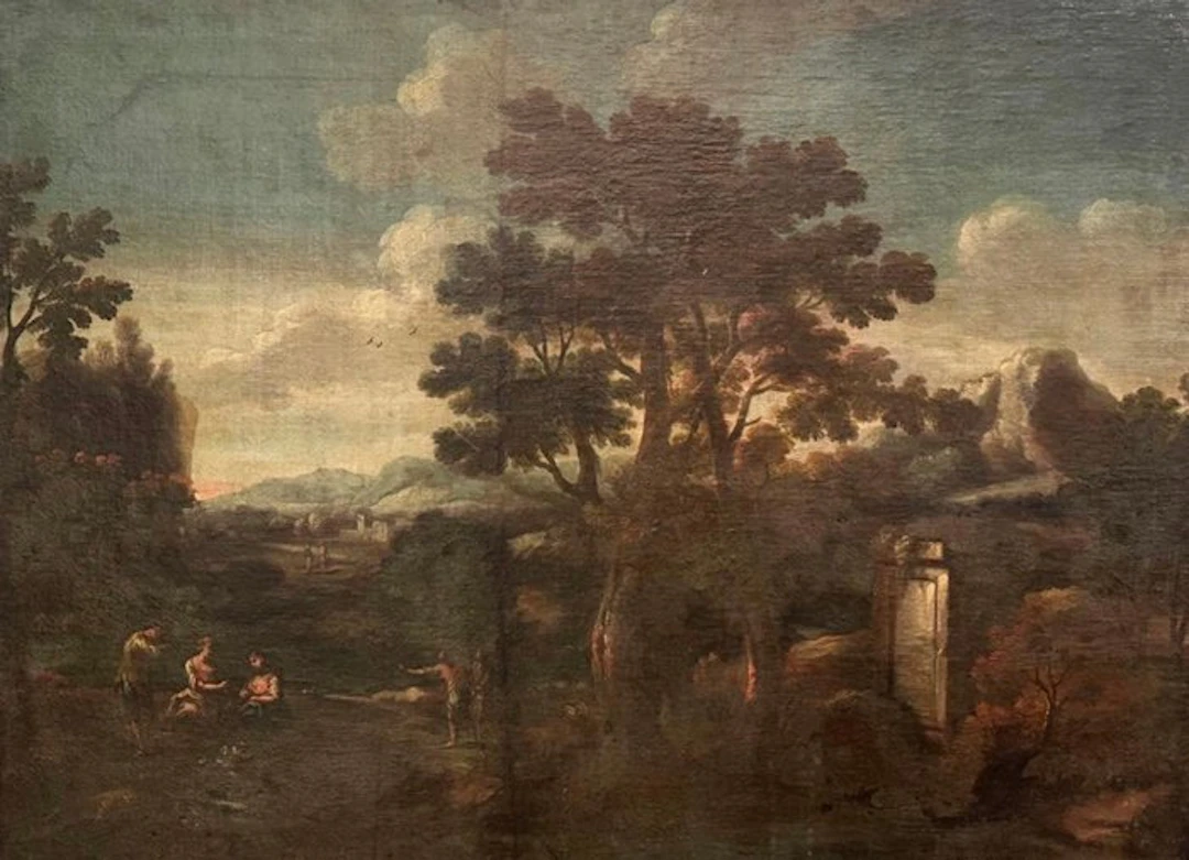 Italian school (XVII) - Paesaggio collinare con viandanti...