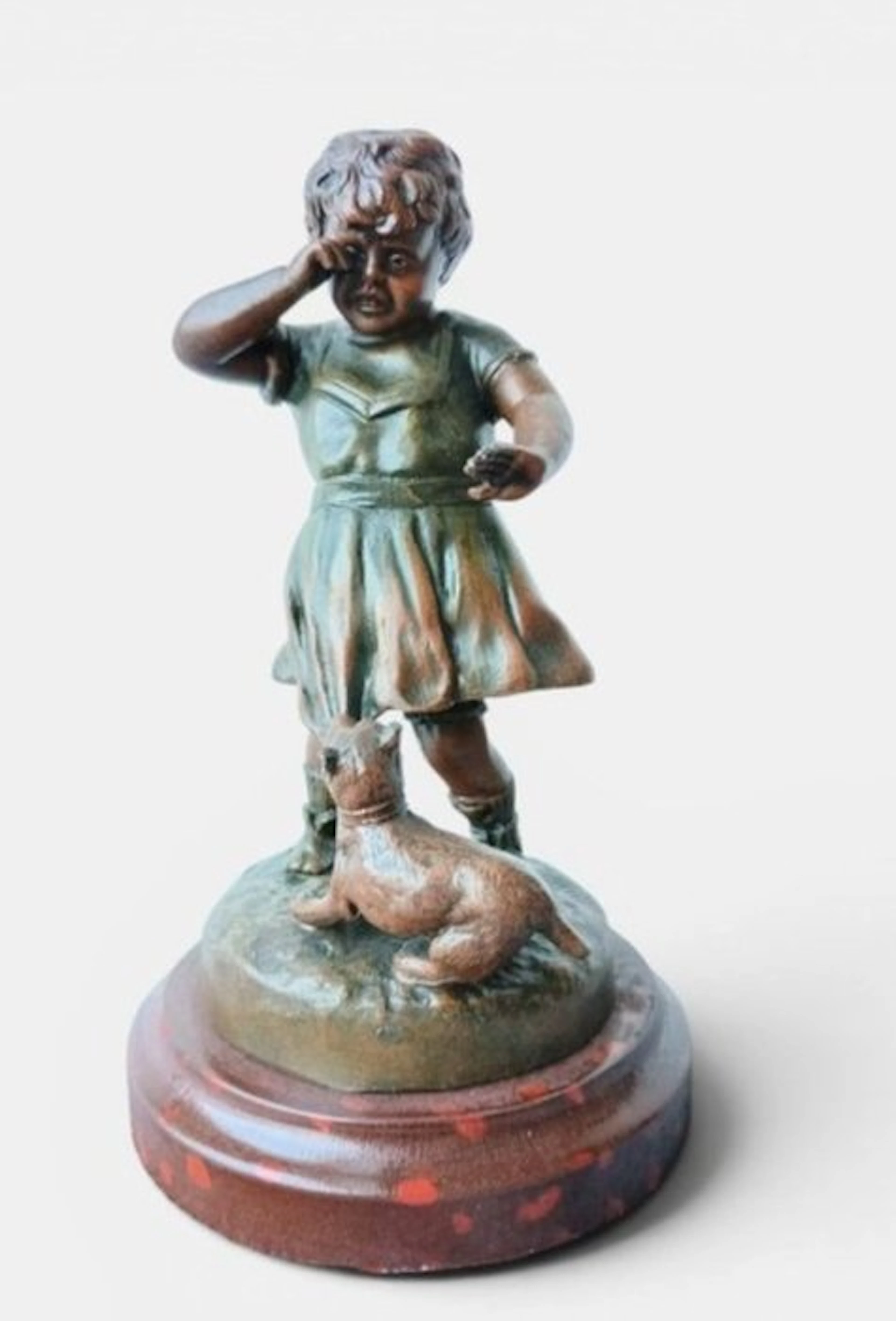 Sculpture, Fillette et chien - 18 cm - Bronze, Wood