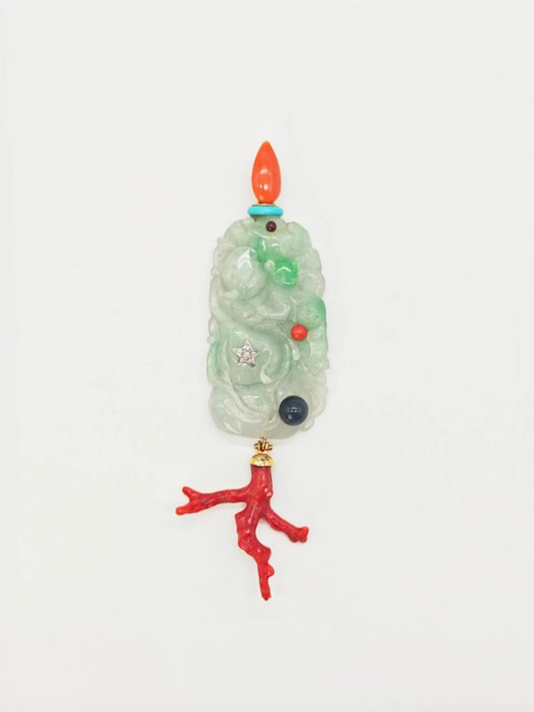Pendant - 18 kt. Yellow gold Jade - Coral - Diamonds, Onyx, Turquoise