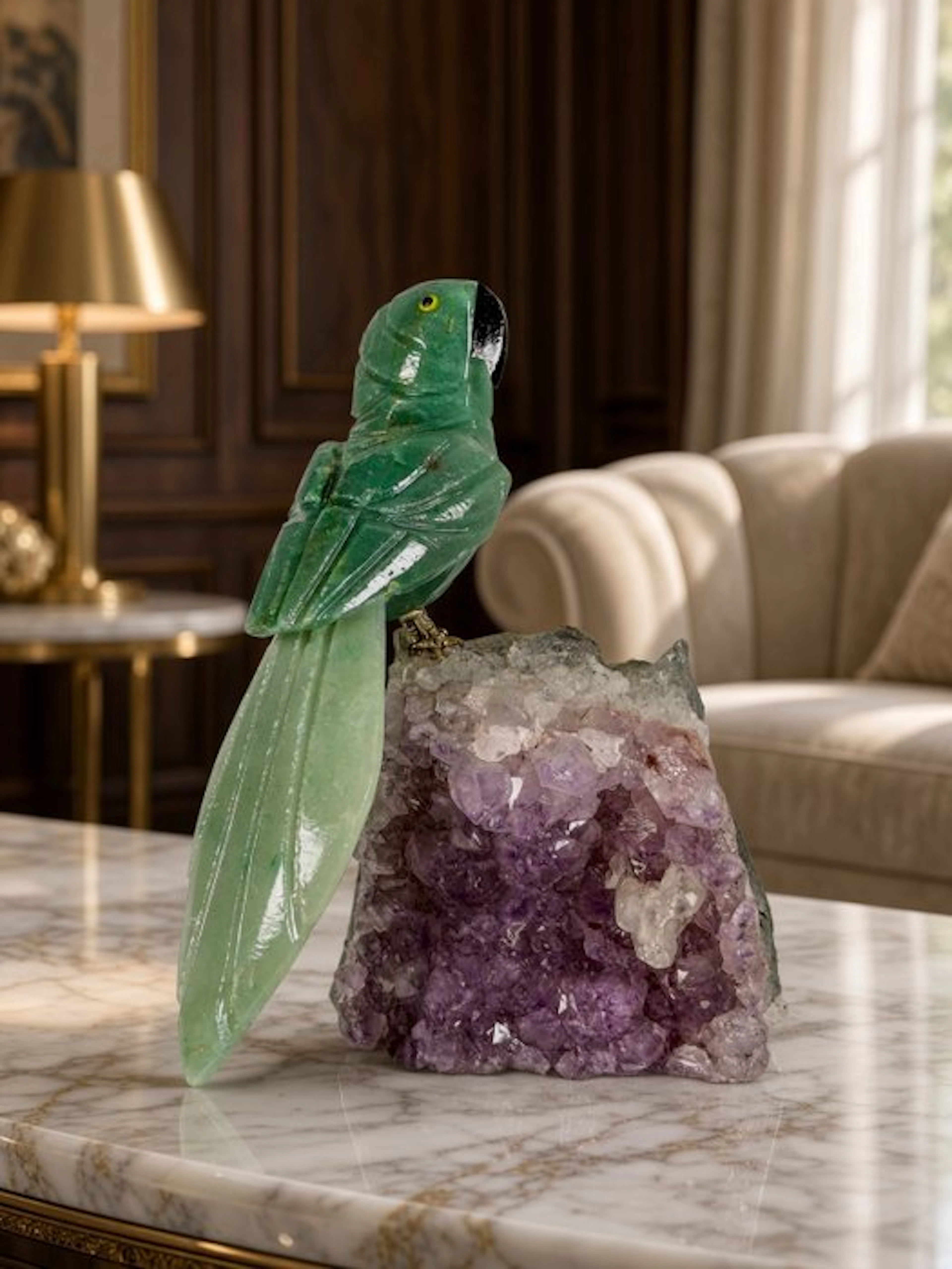Rare piece - Hand-carved natural stone parrot on...