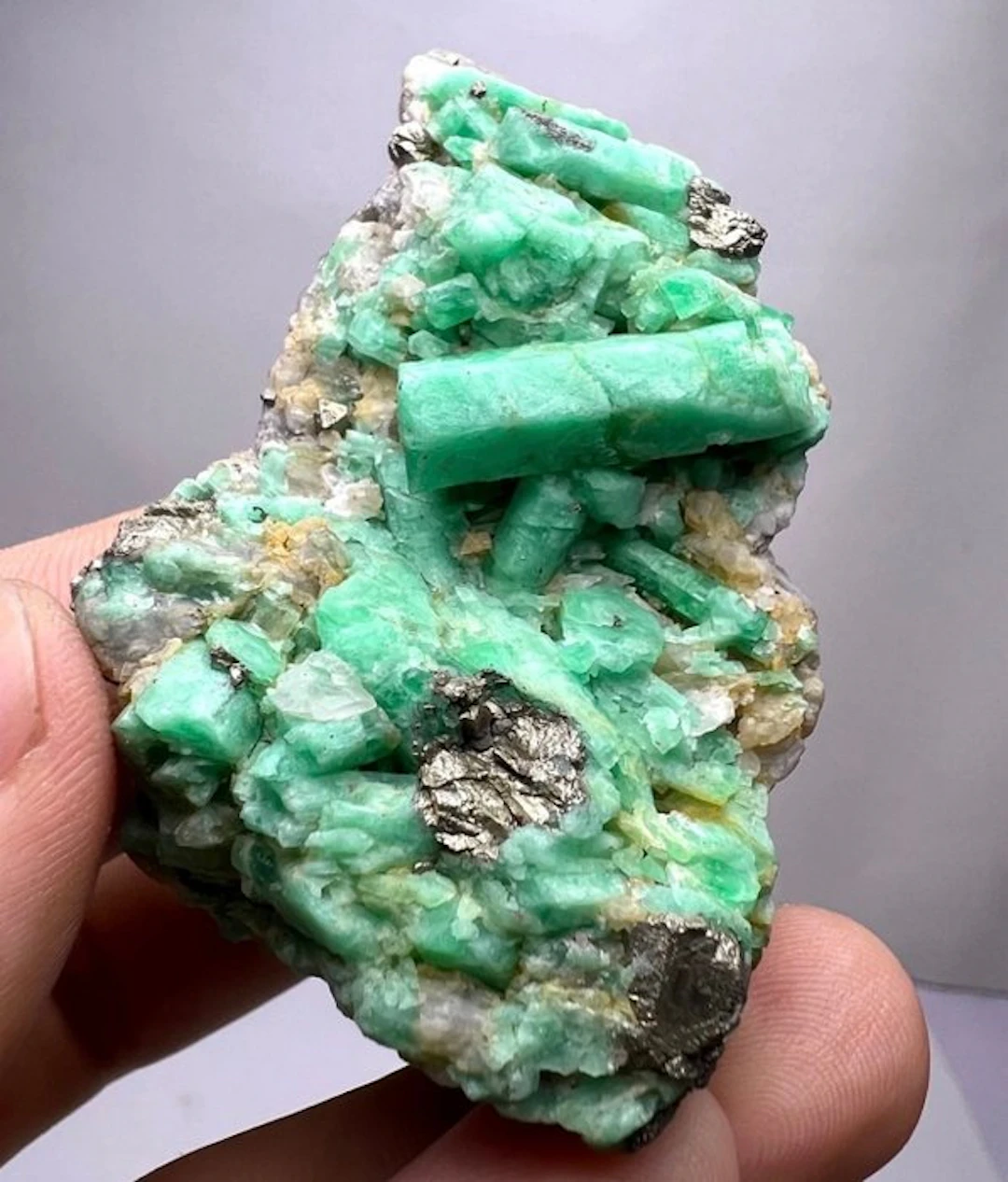 73 Gram. Emerald Crystals Bunch With Pyrite On Matrix...