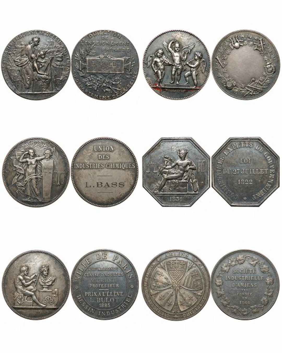 France. Lot de 6 médailles et jetons en argent – XIXe/XXe siècle – Paris