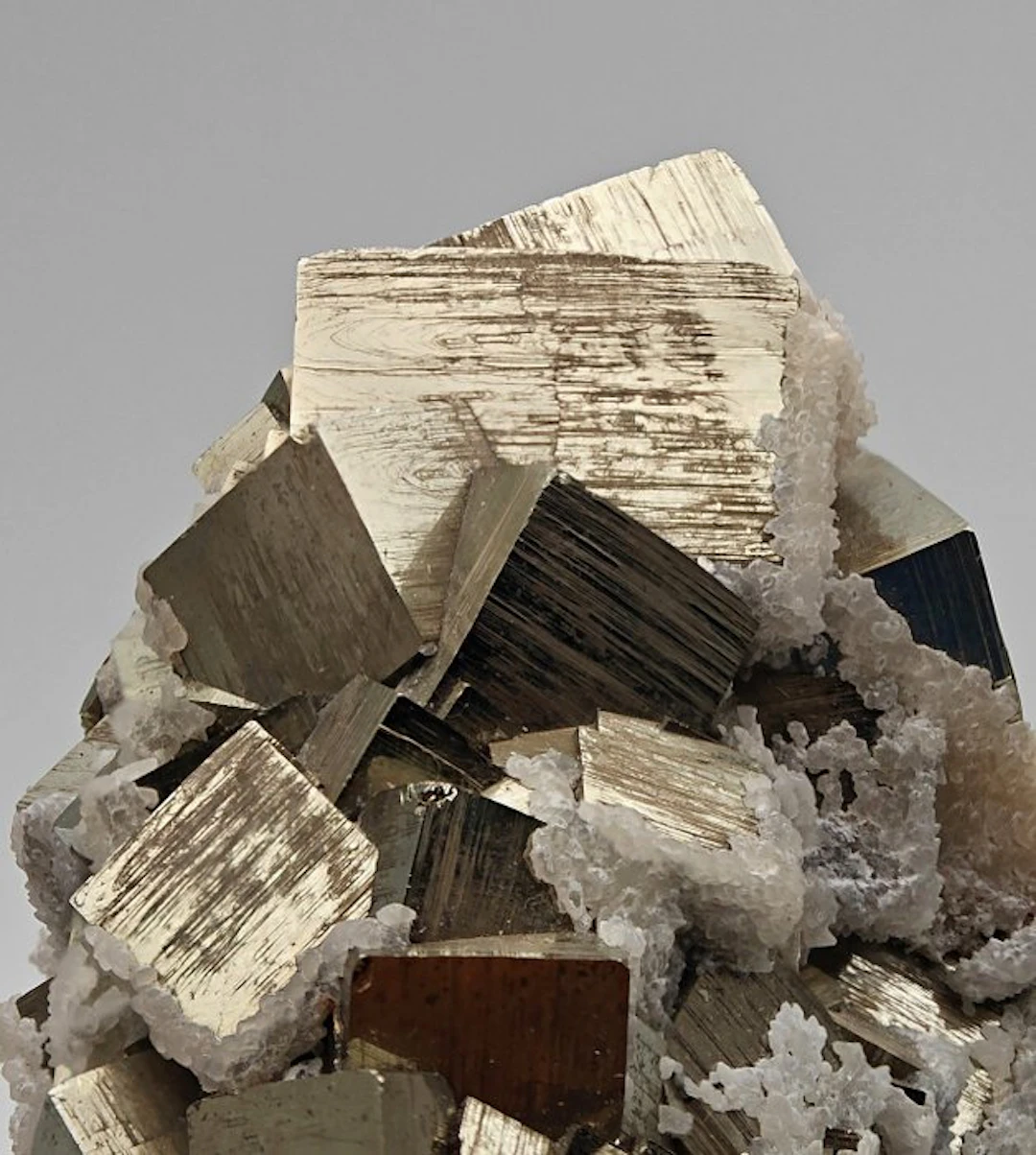 Shiny golden pyrite cubes with calcite