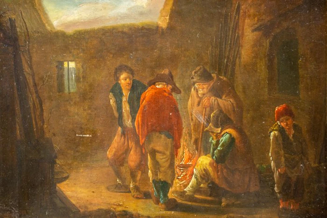 Scuola fiamminga (XVIII), After - Contadini intorno al fuoco