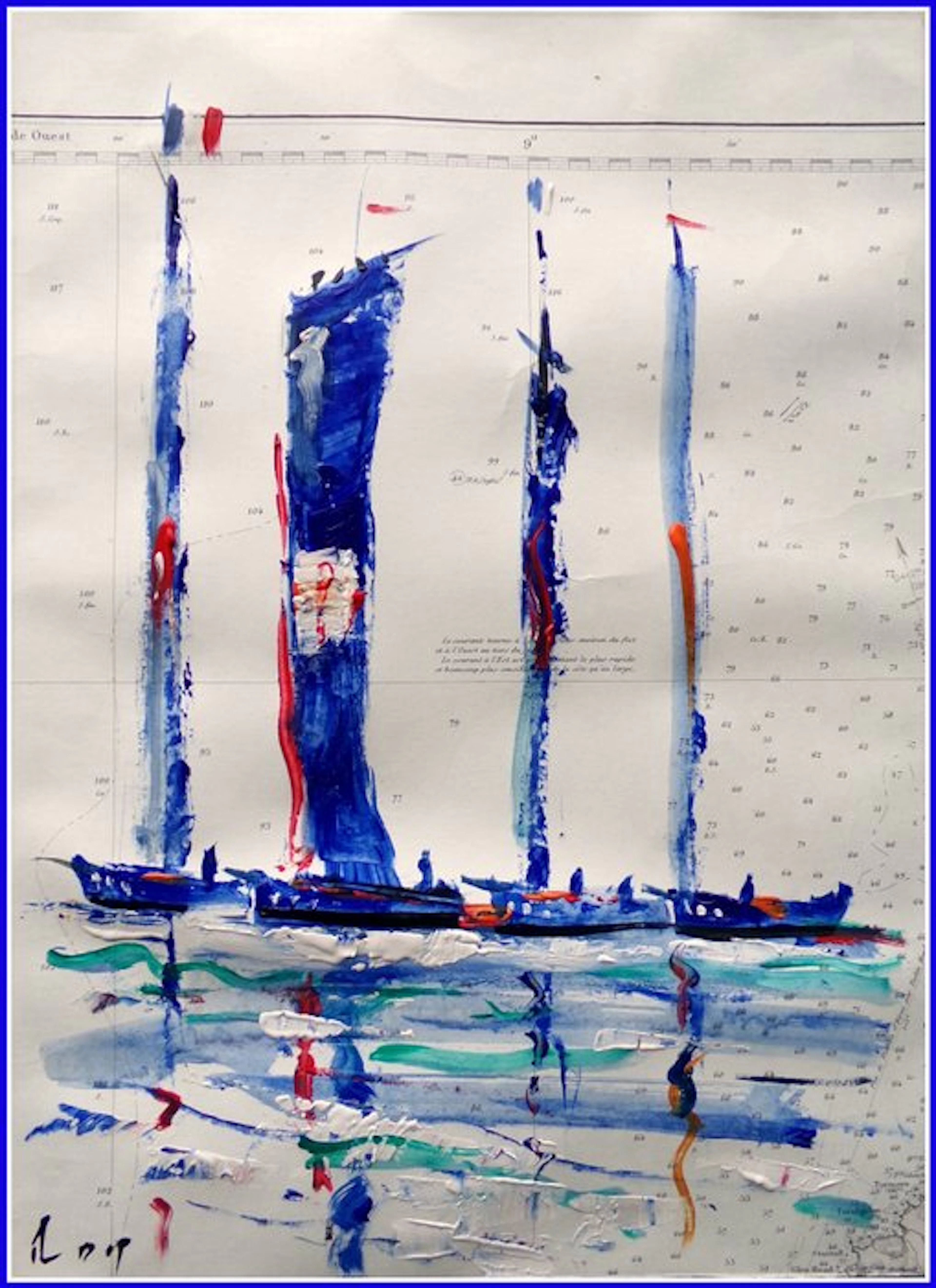 DENIS Pascal dit "ROY". - Les voiles bleues sur carte marine ancienne.