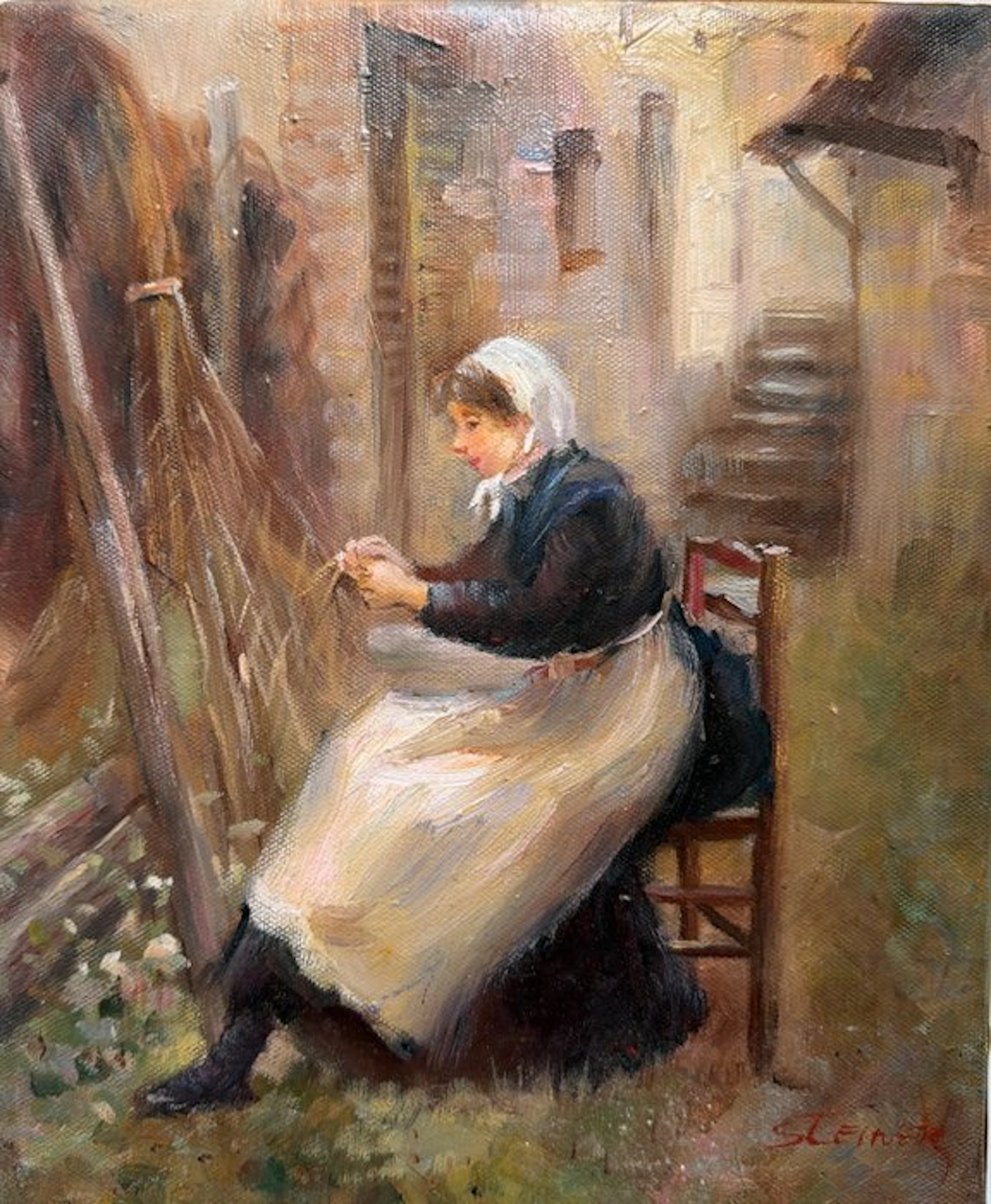 Steinek ( XX ) - Femme assise sur une chaise en bois, coiffée d'un bonnet blanc