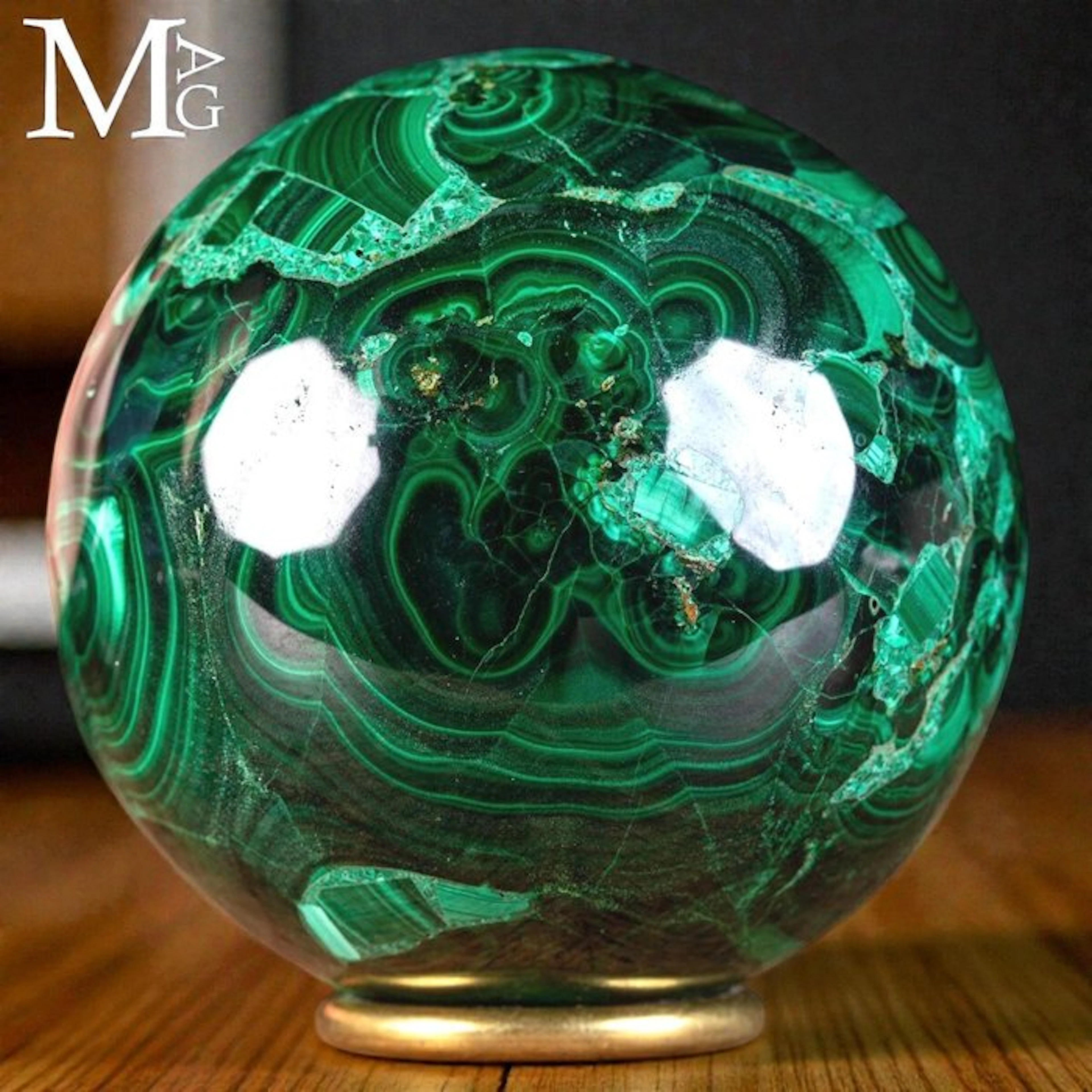 Green Malachite with Mosaic Patterns Polished Sphere a...