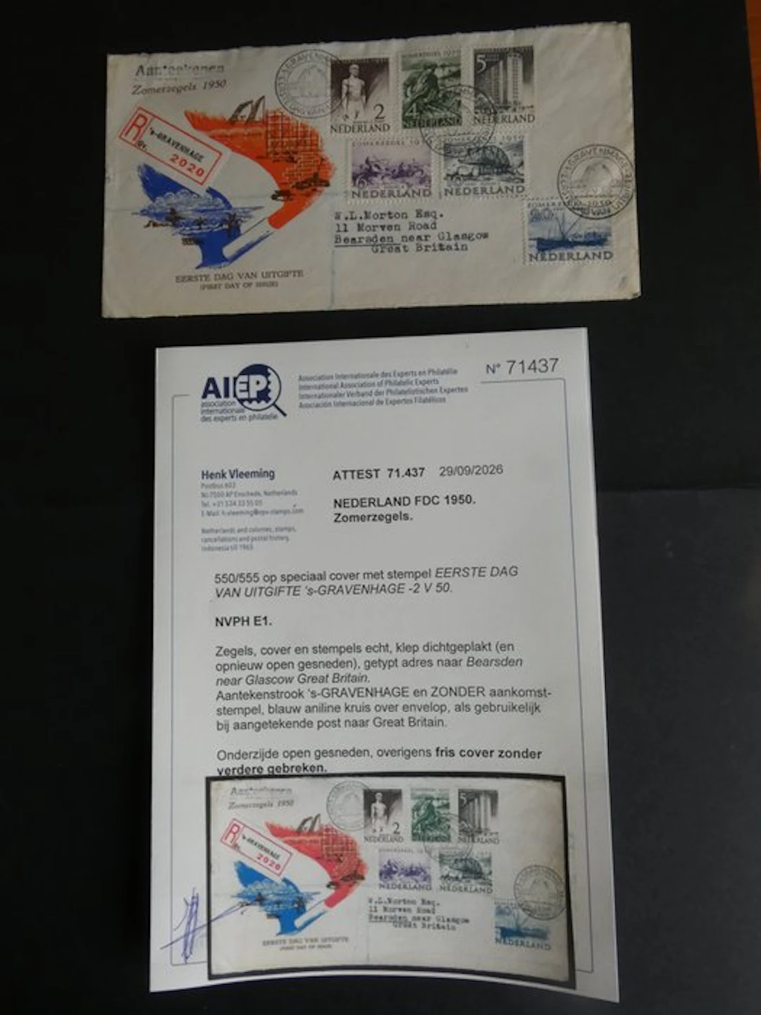 Netherlands 1950 - Summer stamps on FDC with expert's opinion by H