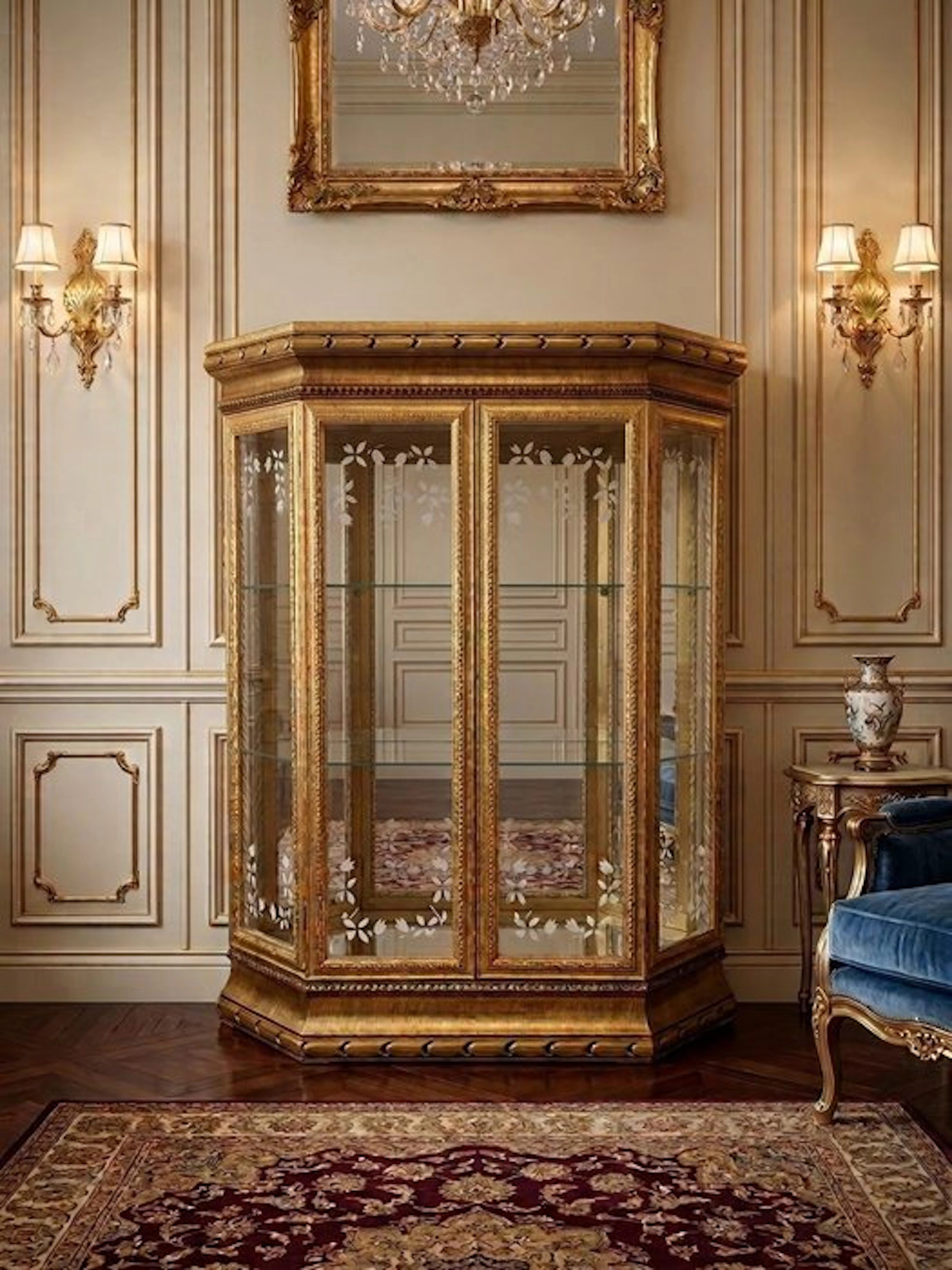 Display cabinet - Hardwood, French in gold leaf on frosted glass with mirror
