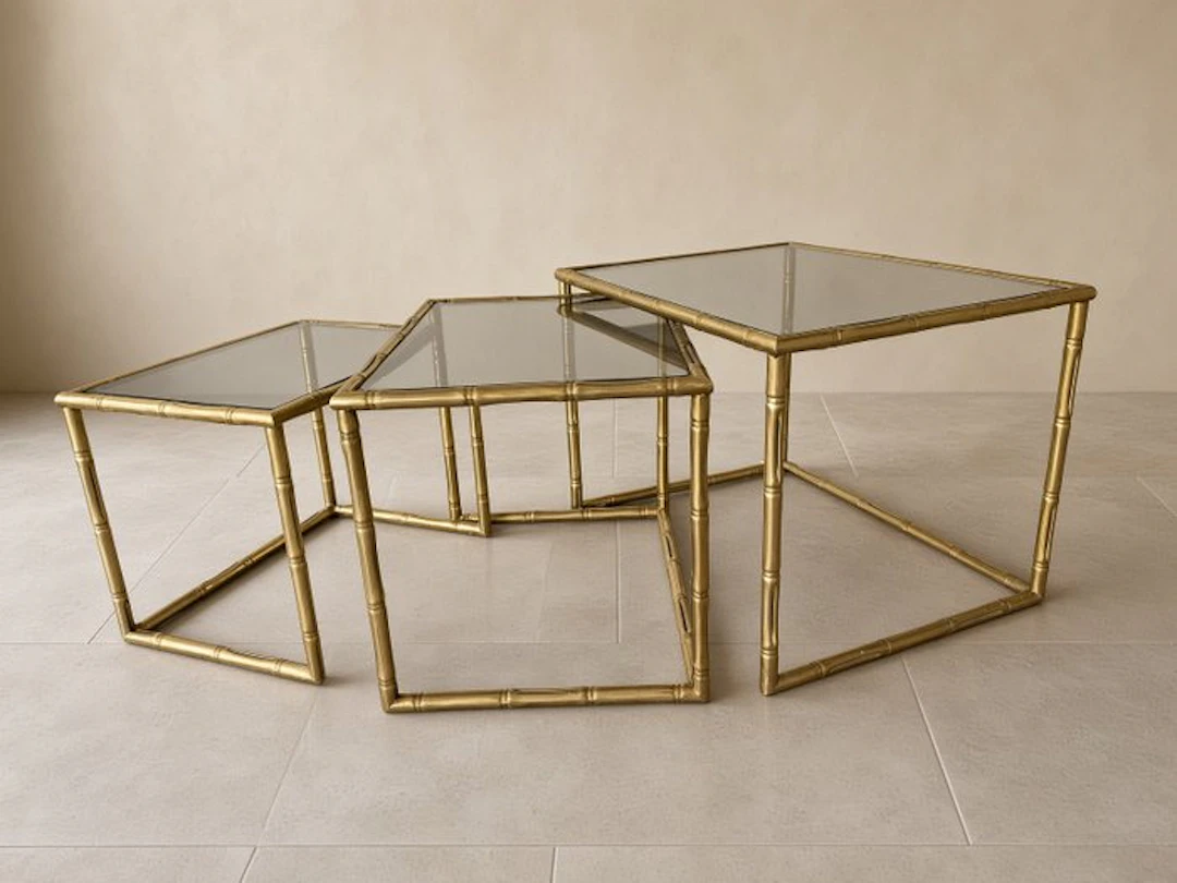 Table (3) - Set of 3 French Hollywood Regency Brass Faux-Bamboo Nesting Tables