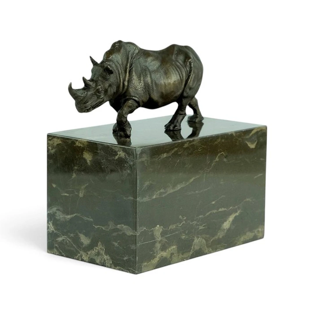 Sculpture, Walking Rhino - 13 cm - Bronze, Marble