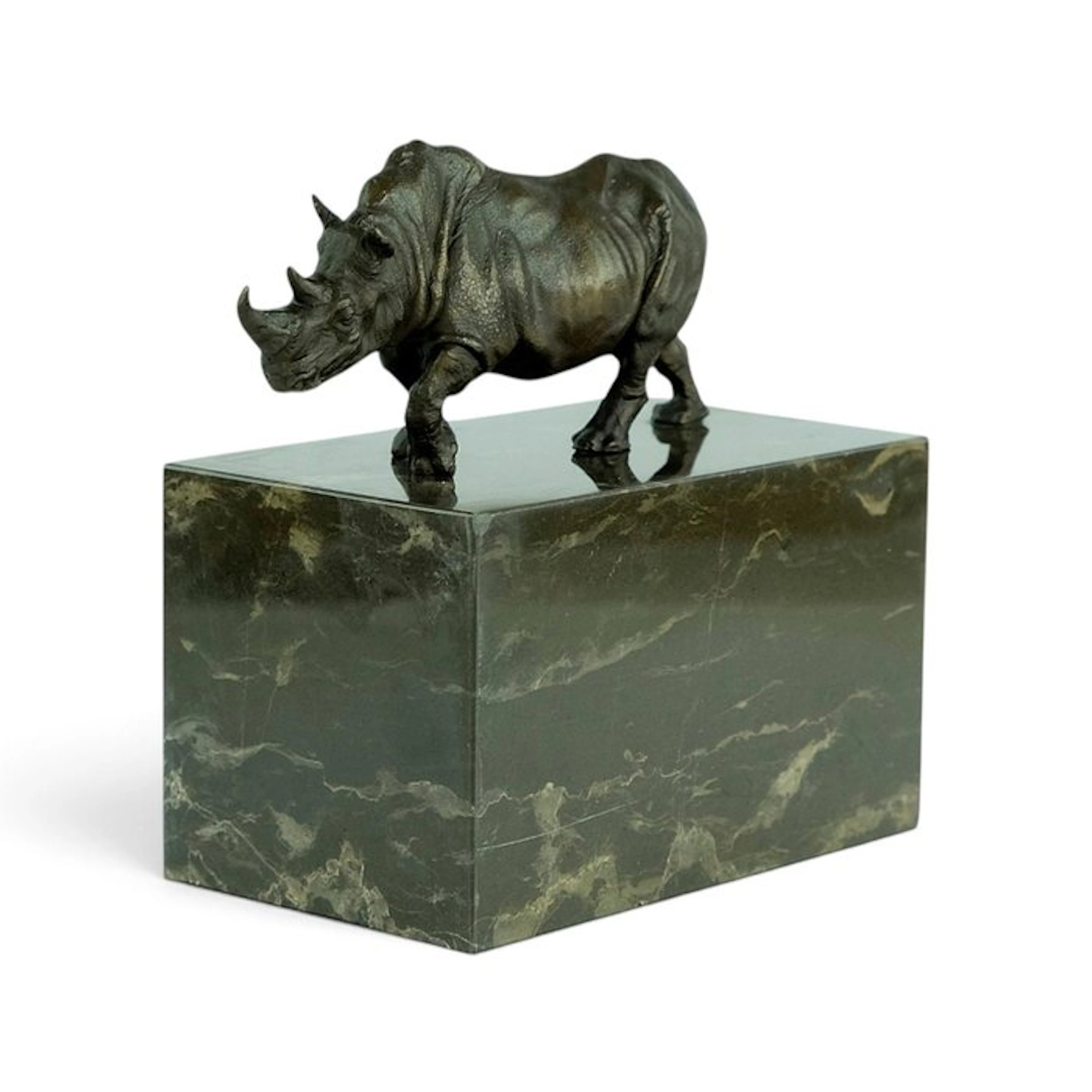 Sculpture, Walking Rhino - 13 cm - Bronze, Marble