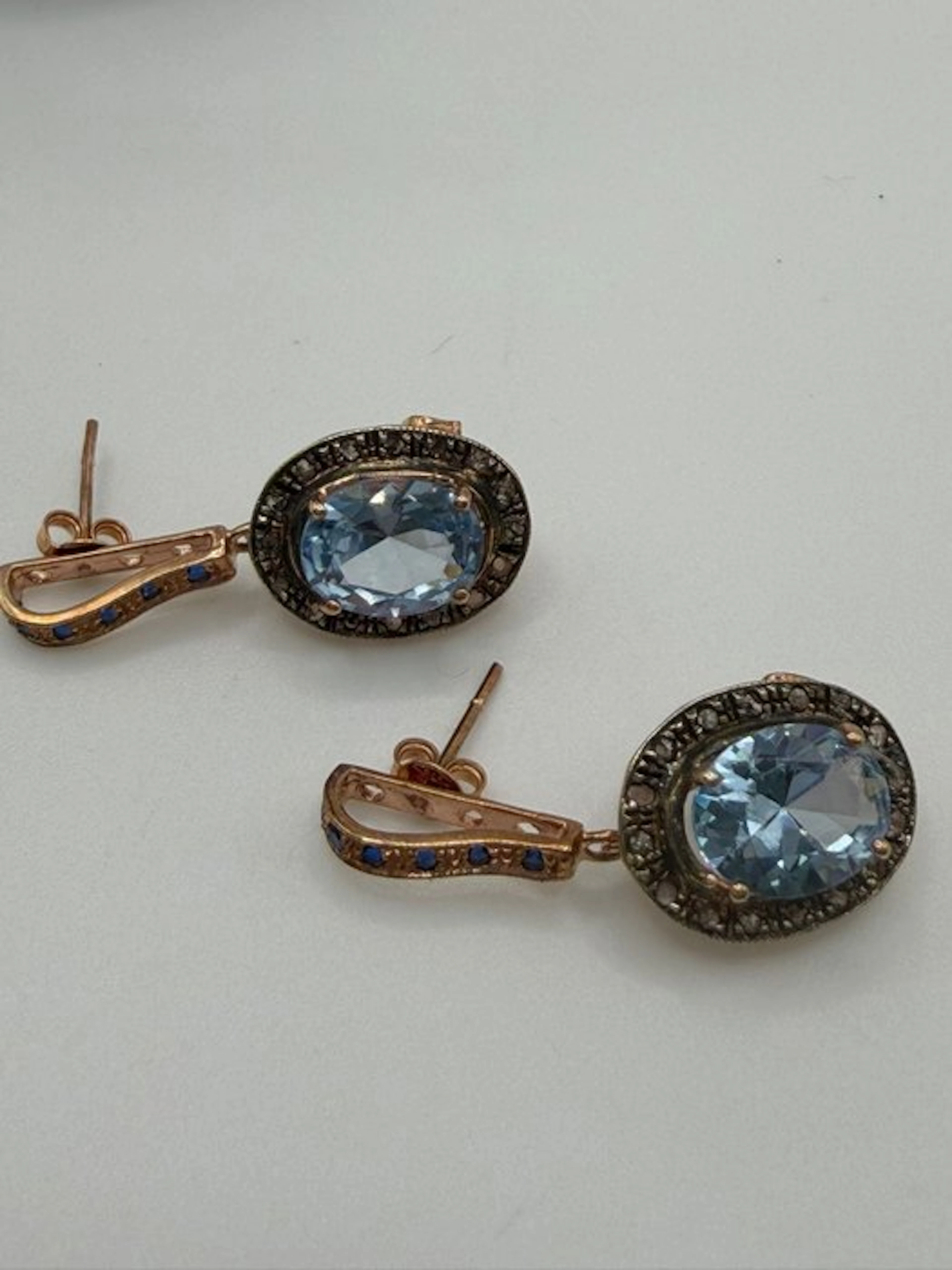 No reserve price - Earrings - 9 kt. Silver, Rose gold Aquamarine - Diamond