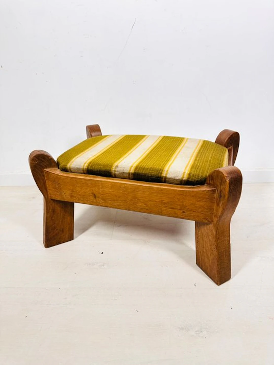 Stool - Brutalist Oak Footstool with Striped Velour Upholstery - Wood