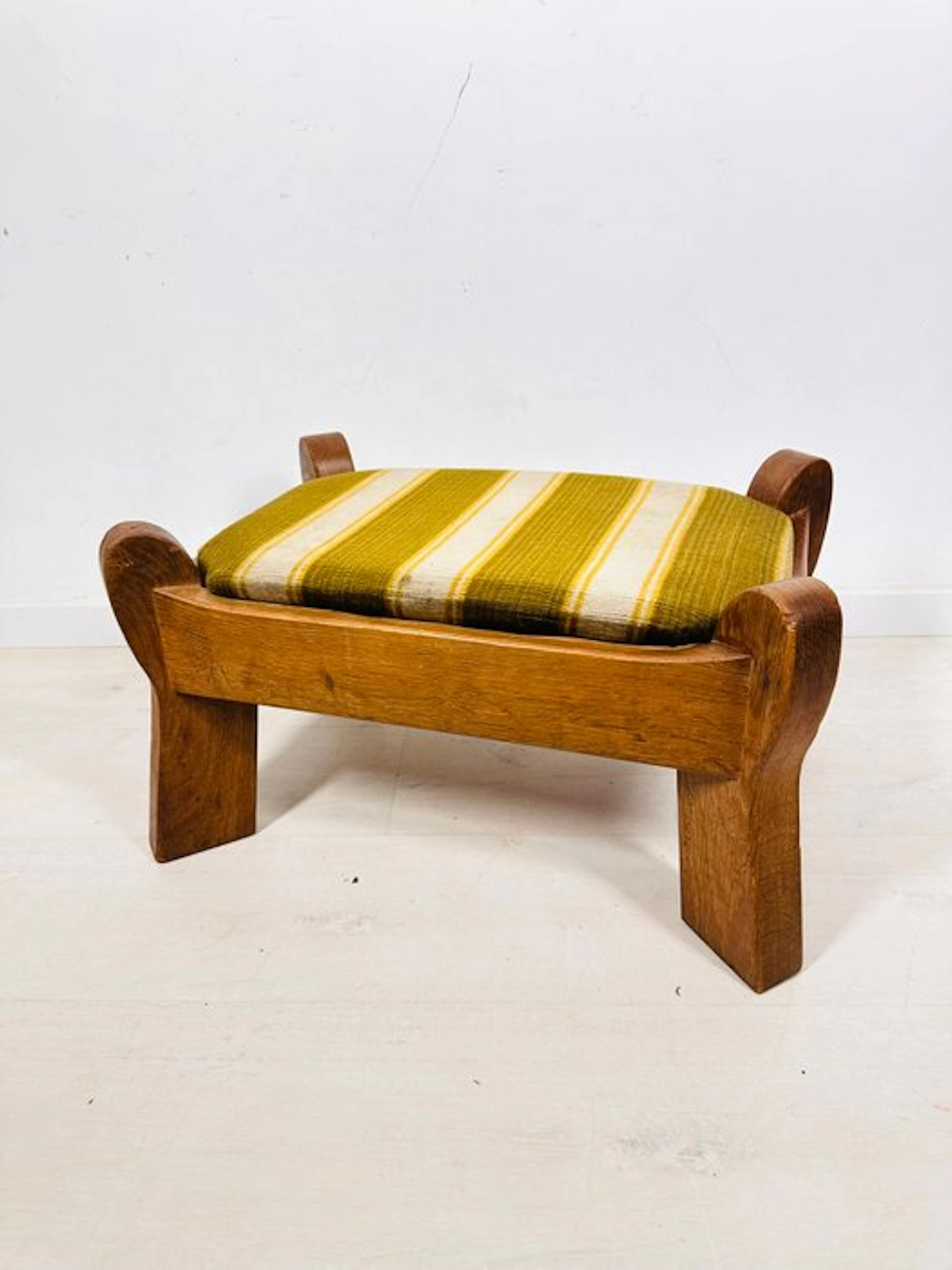 Stool - Brutalist Oak Footstool with Striped Velour Upholstery - Wood