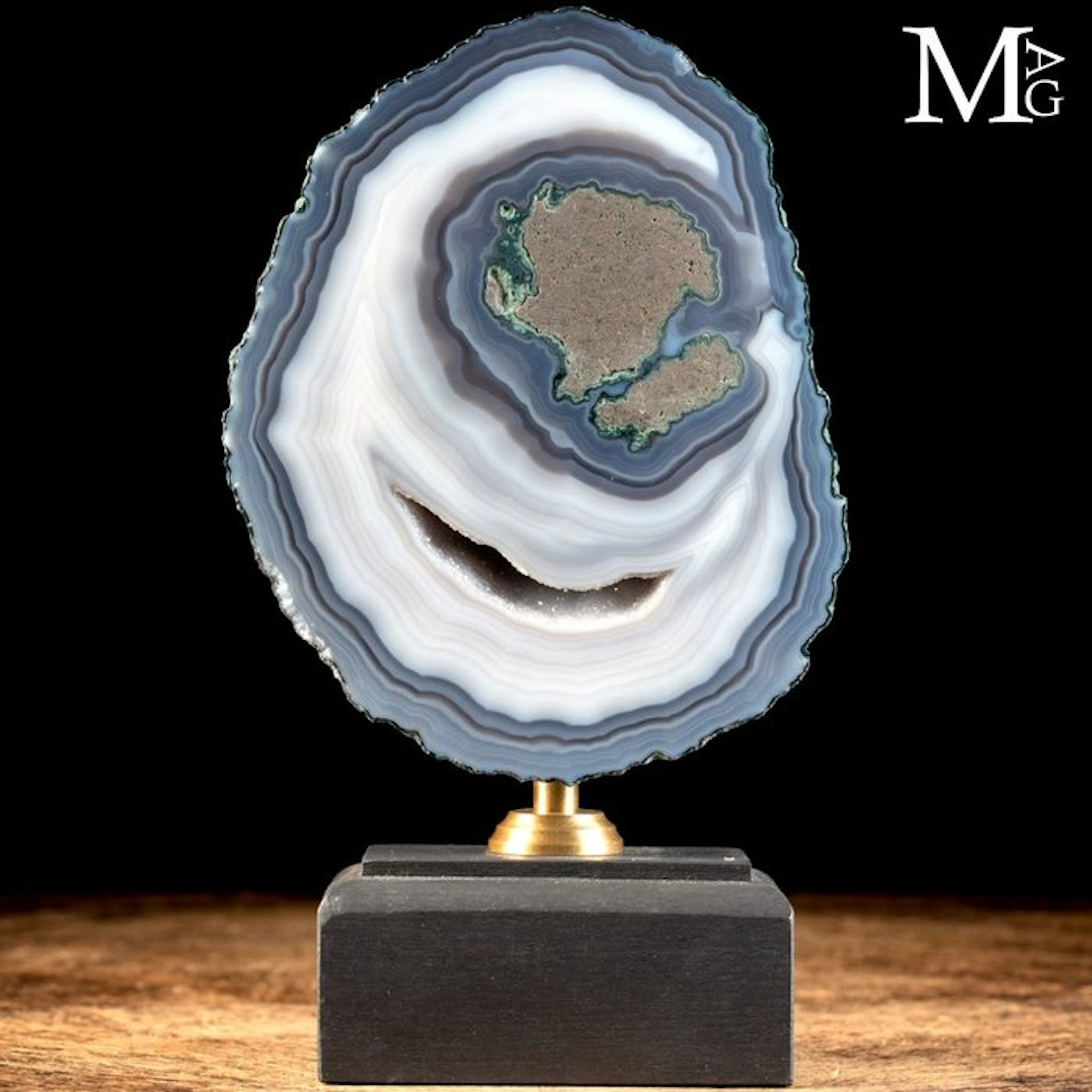 Polished Blue Agate Geode Slice with Concentric Bands and...