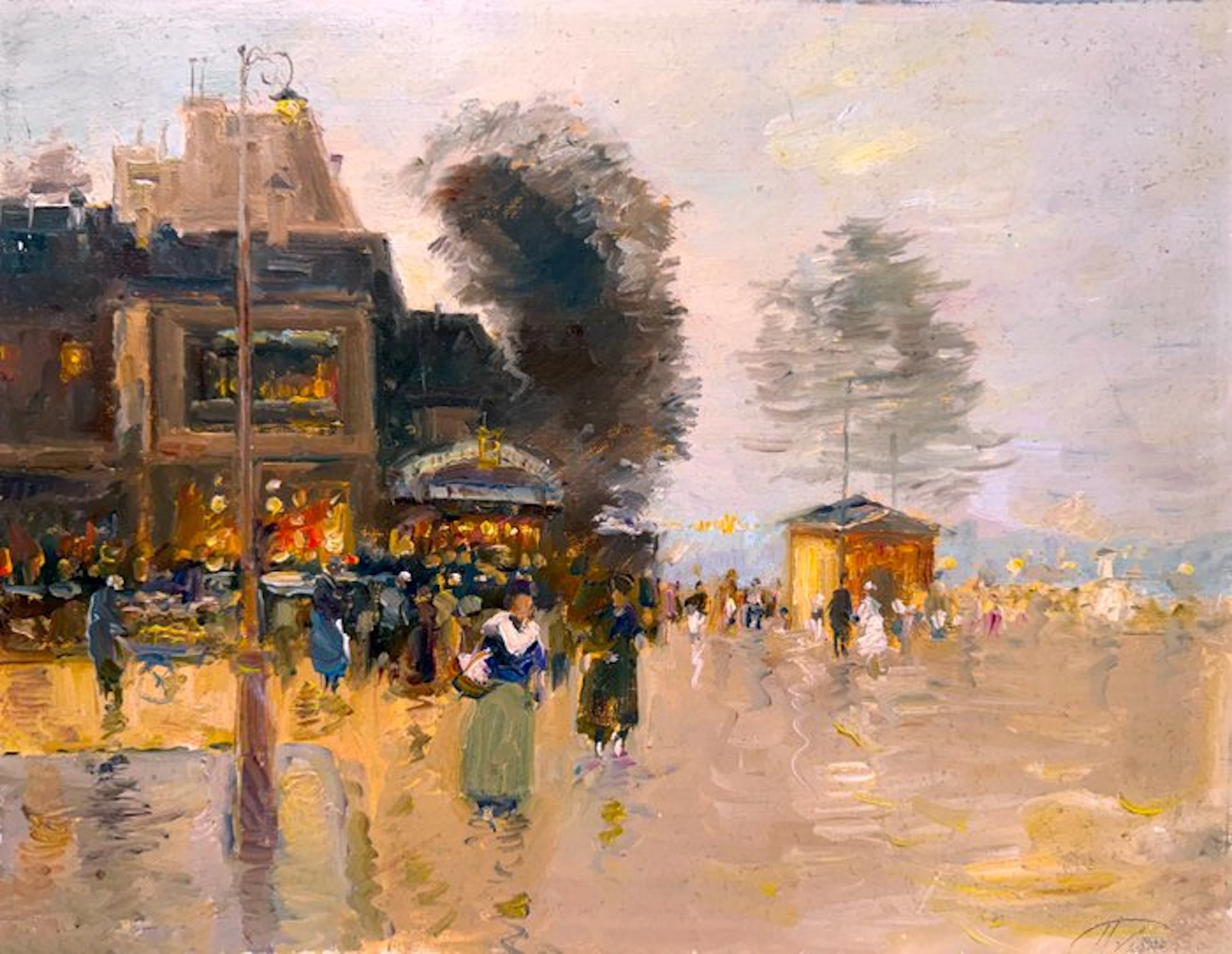 Vladimir Poussovsky (1951) - La Guinguette en bord de Seine - Lumières du Soir