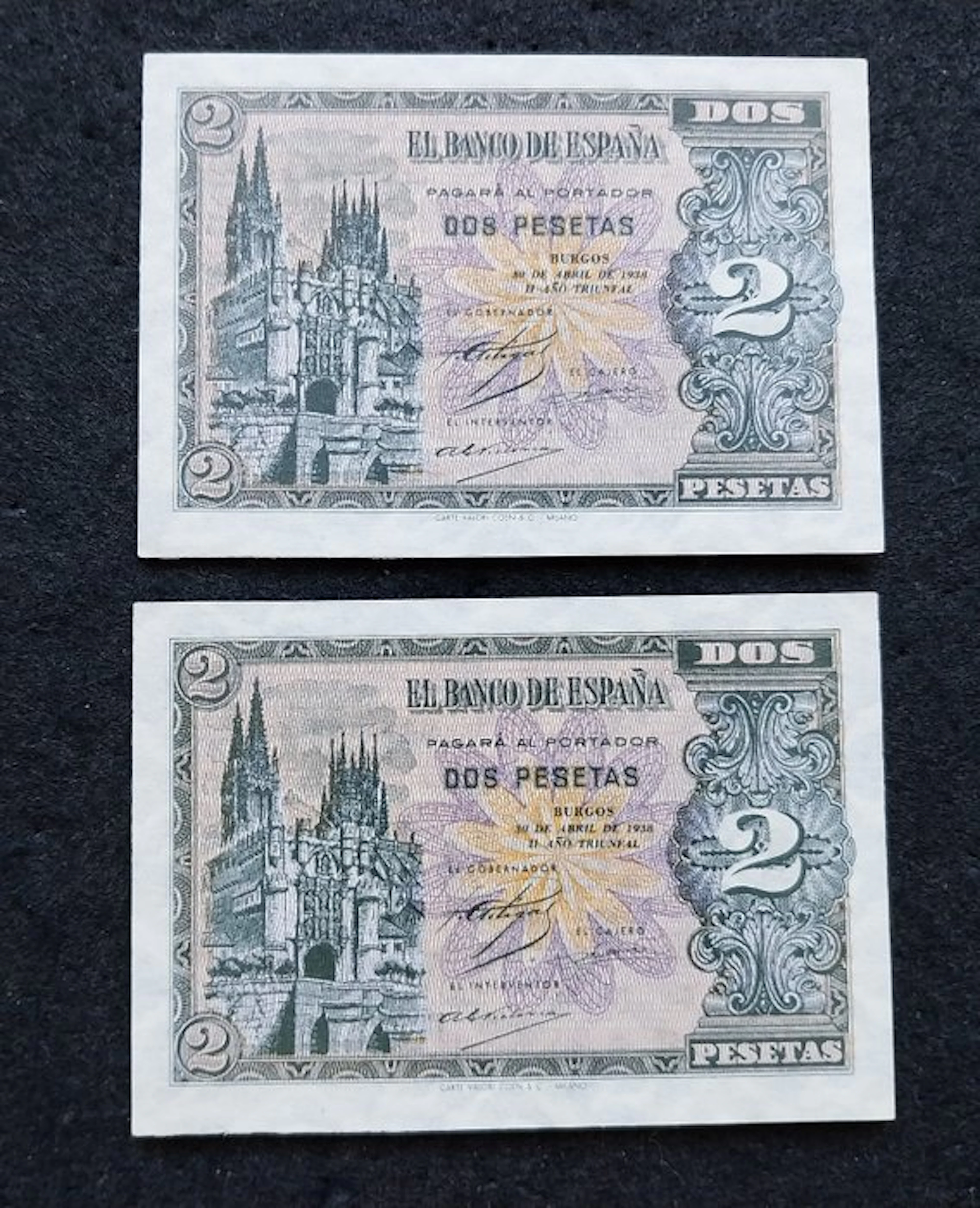 Spain. - 2 x 2 pesetas 1938 - Consecutive - Pick 109 (No reserve price)