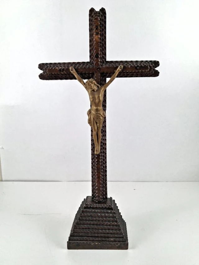 Cross - Wood, Alloy - 1960-1970 - Tramp Art crucifix - 49 cm