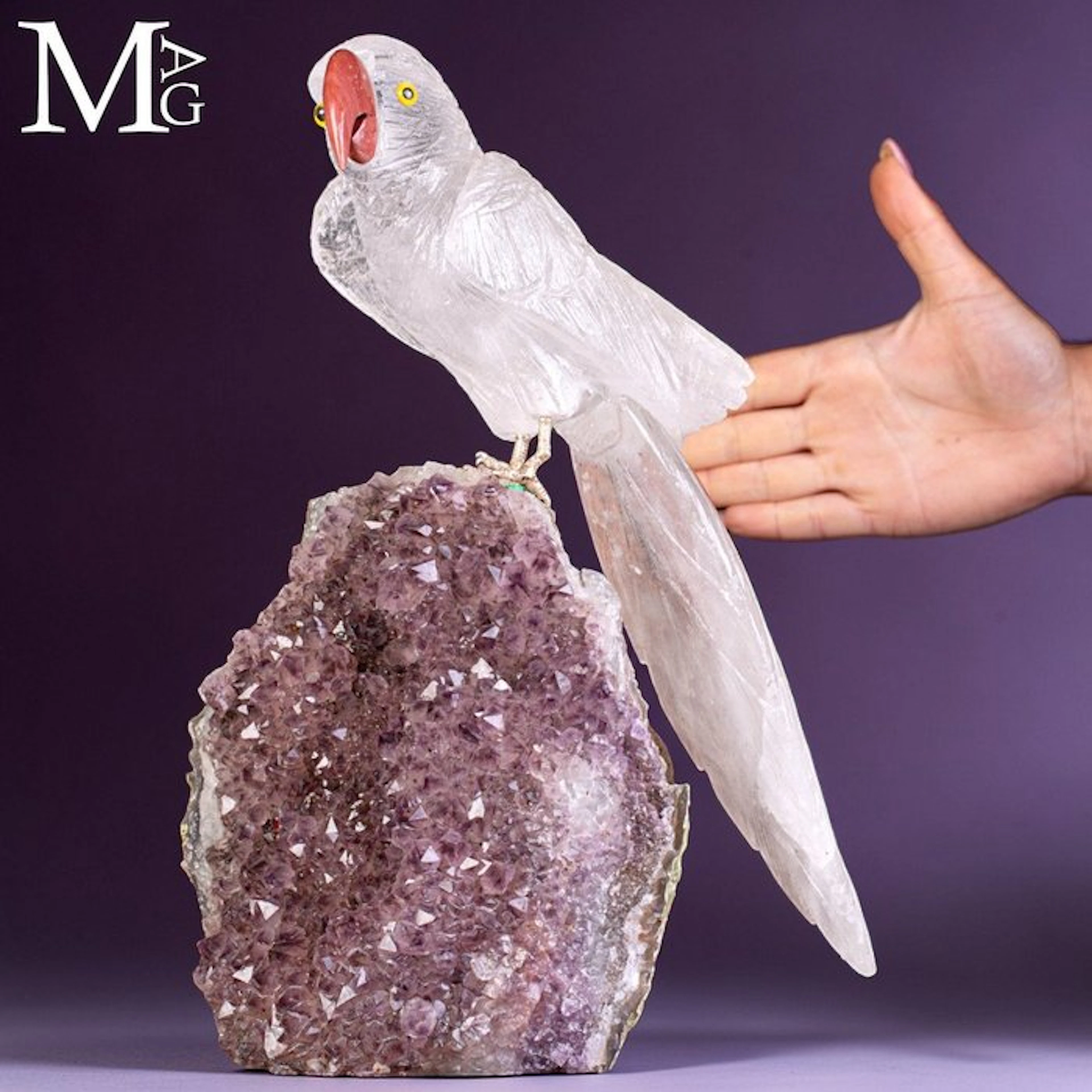 Artfully Carved Clear Quartz Parrot - Exceptional...