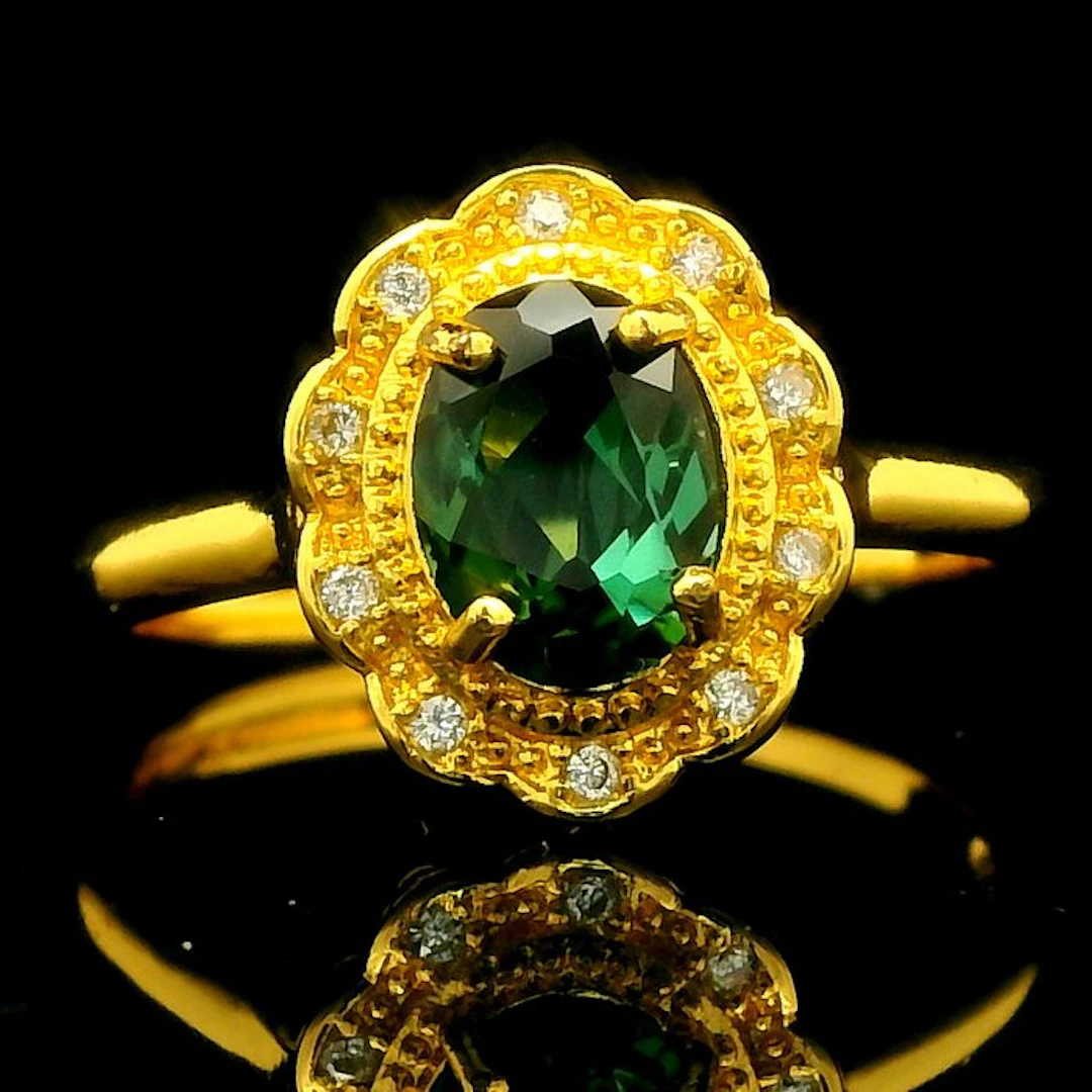 Tourmaline - Green Tourmaline Halo Ring – Stainless Steel, Steel - Ring