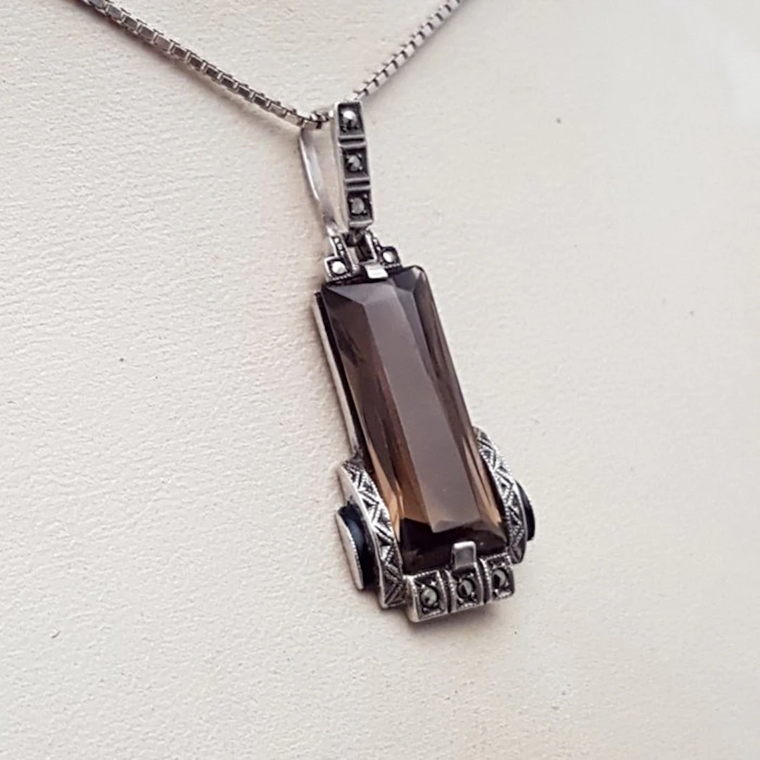 Silver, Art Deco, Smoky Topaz (Tested) - Necklace with pendant - +