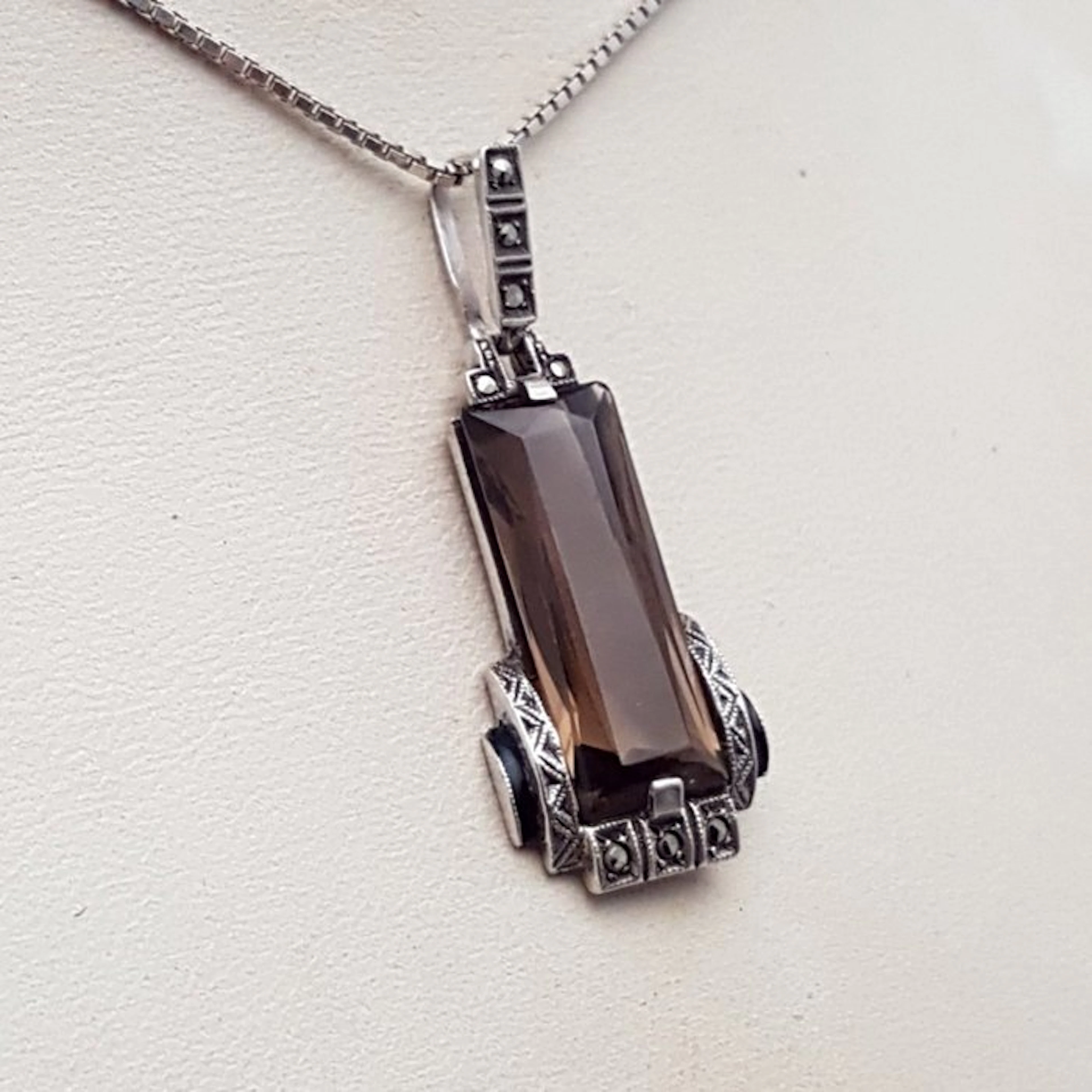 Silver, Art Deco, Smoky Topaz (Tested) - Necklace with pendant - +