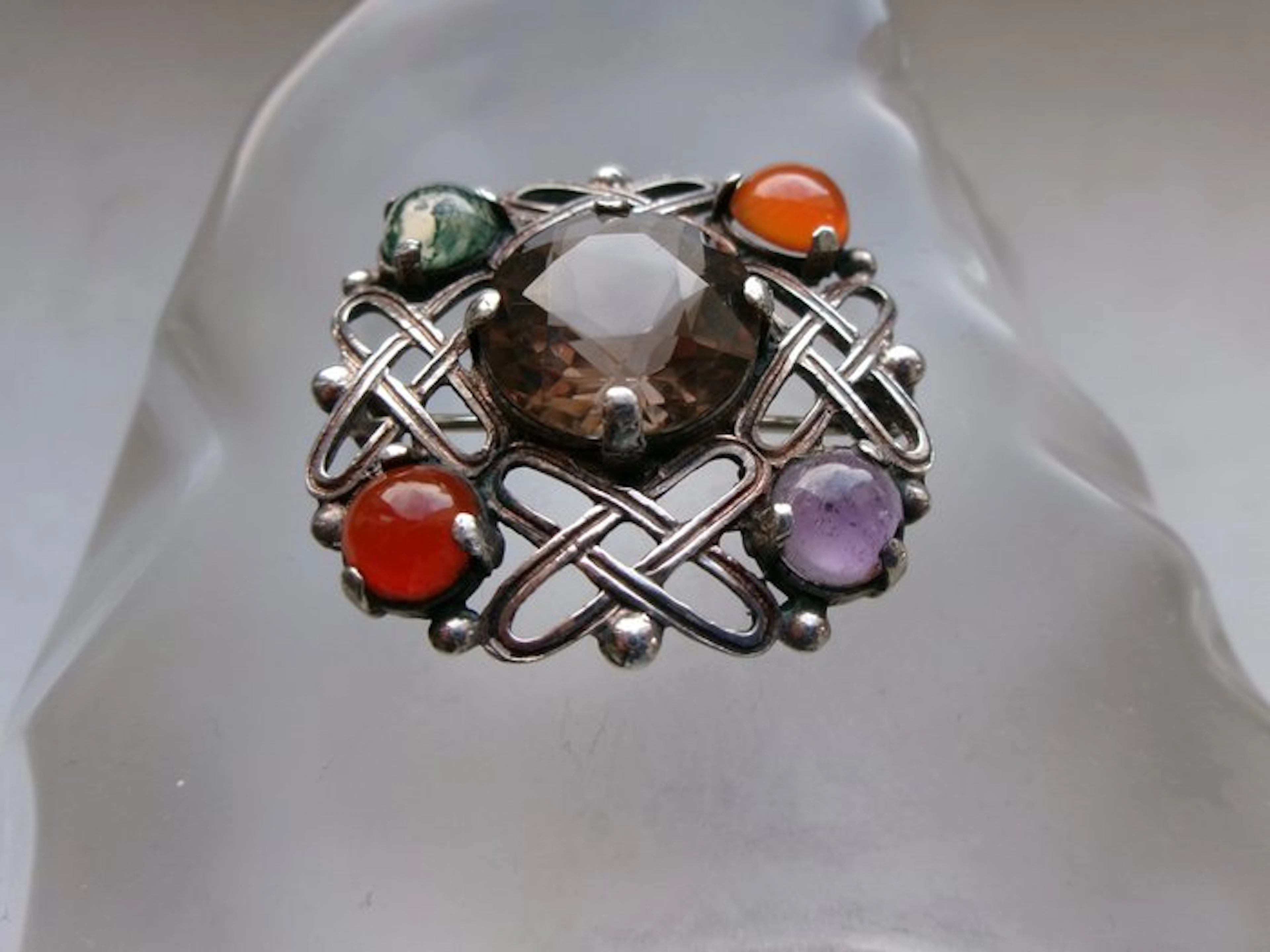 Silver, Smokey Quartz - Amethyst - Moss Agate - Carnelian - Brooch - Art Deco