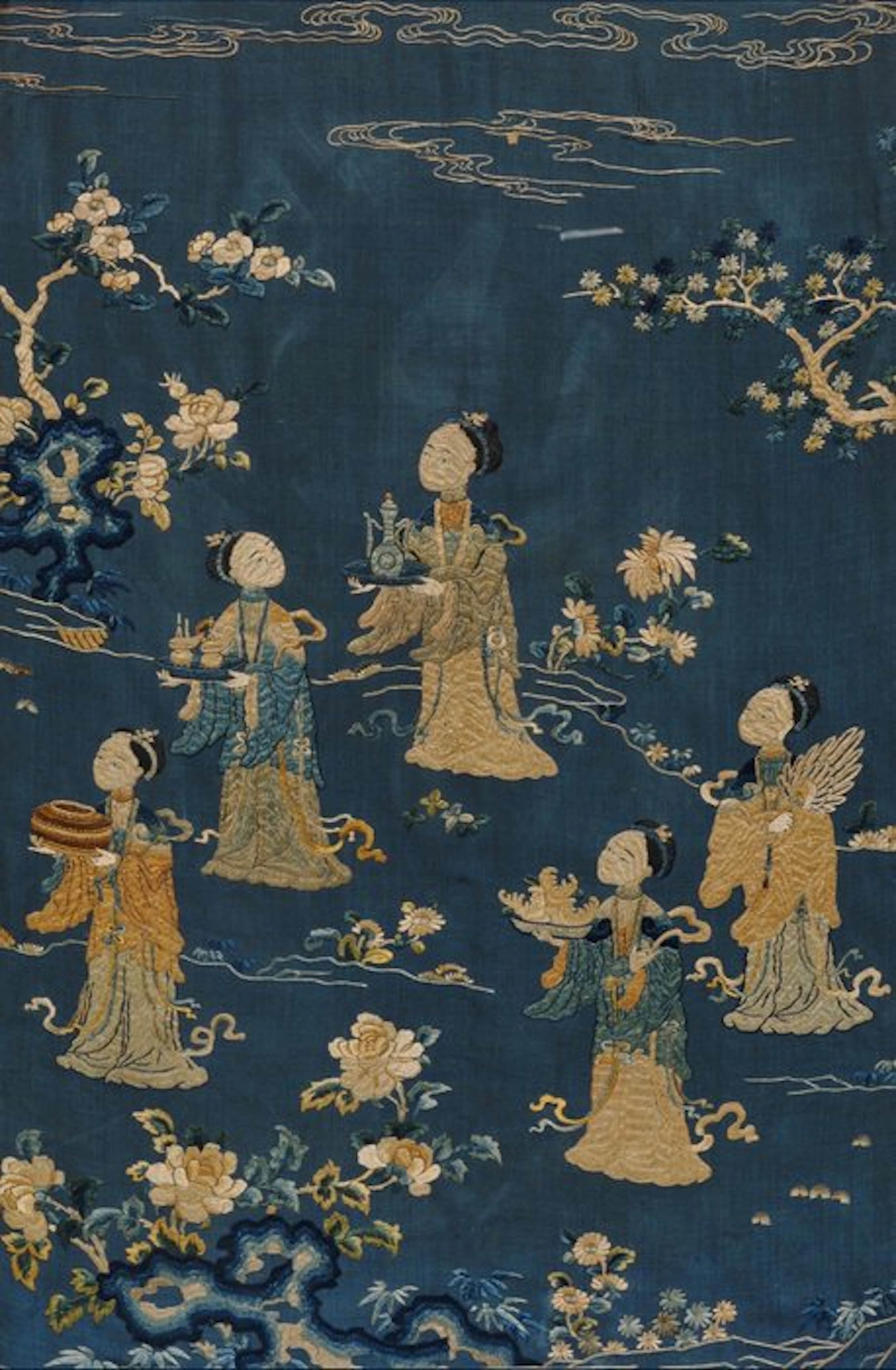 An Embroidered Silk Panel Depicting Ladies Celebrating Longevity