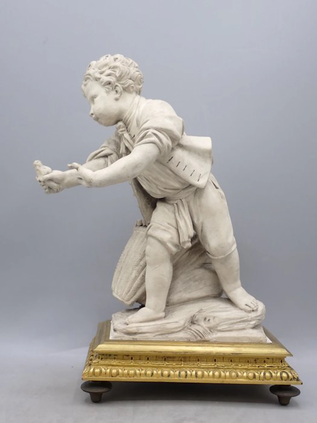 Figure - Boy with bird - Plaster, Bronze