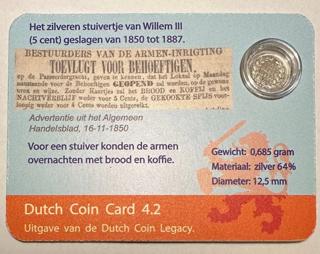 Netherlands. Coin Card Stuiver Willem III in Dutch Coin Card (No reserve price)