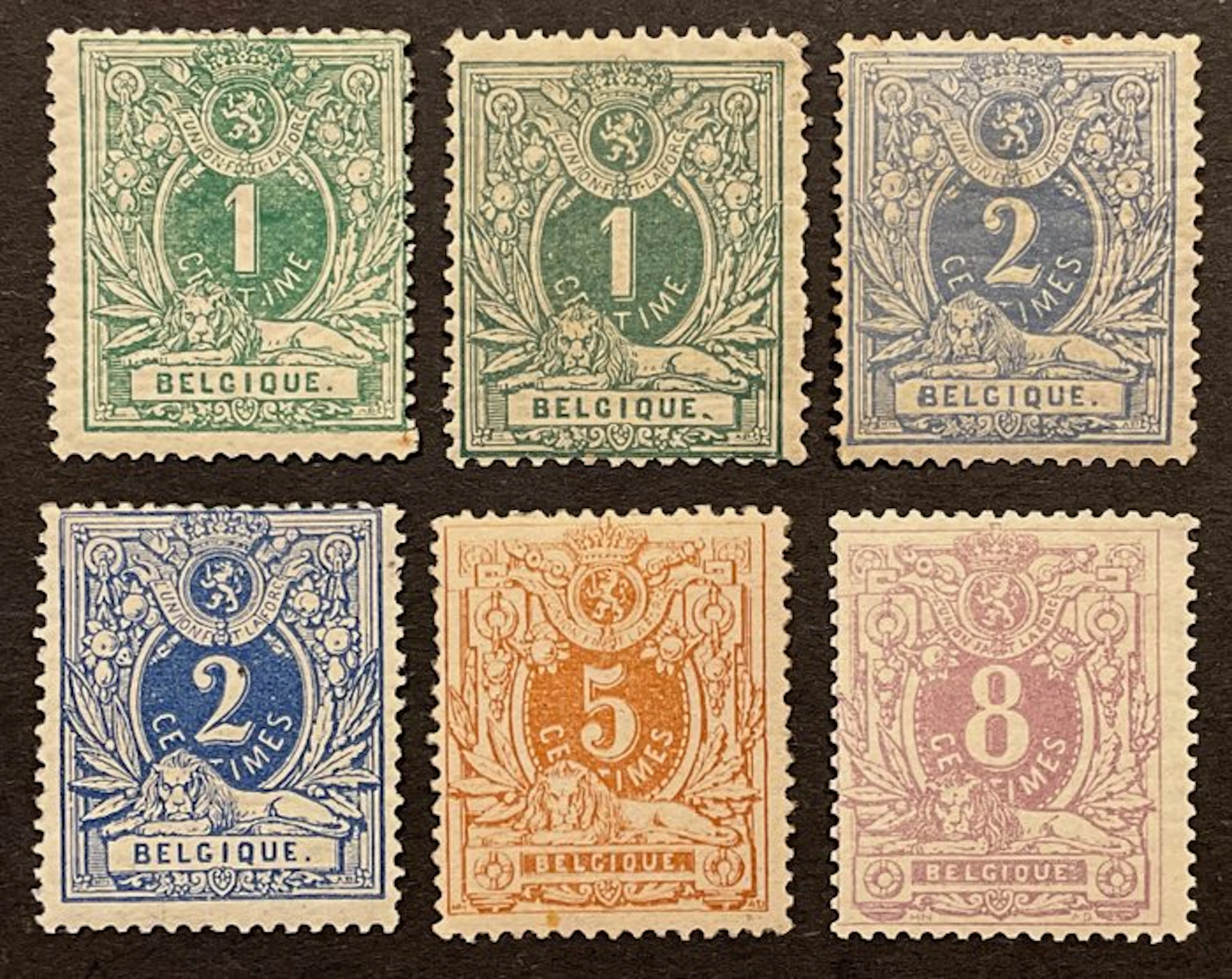 Belgium 1869/1876 - Lying lion with shield: 1c - 8c with...