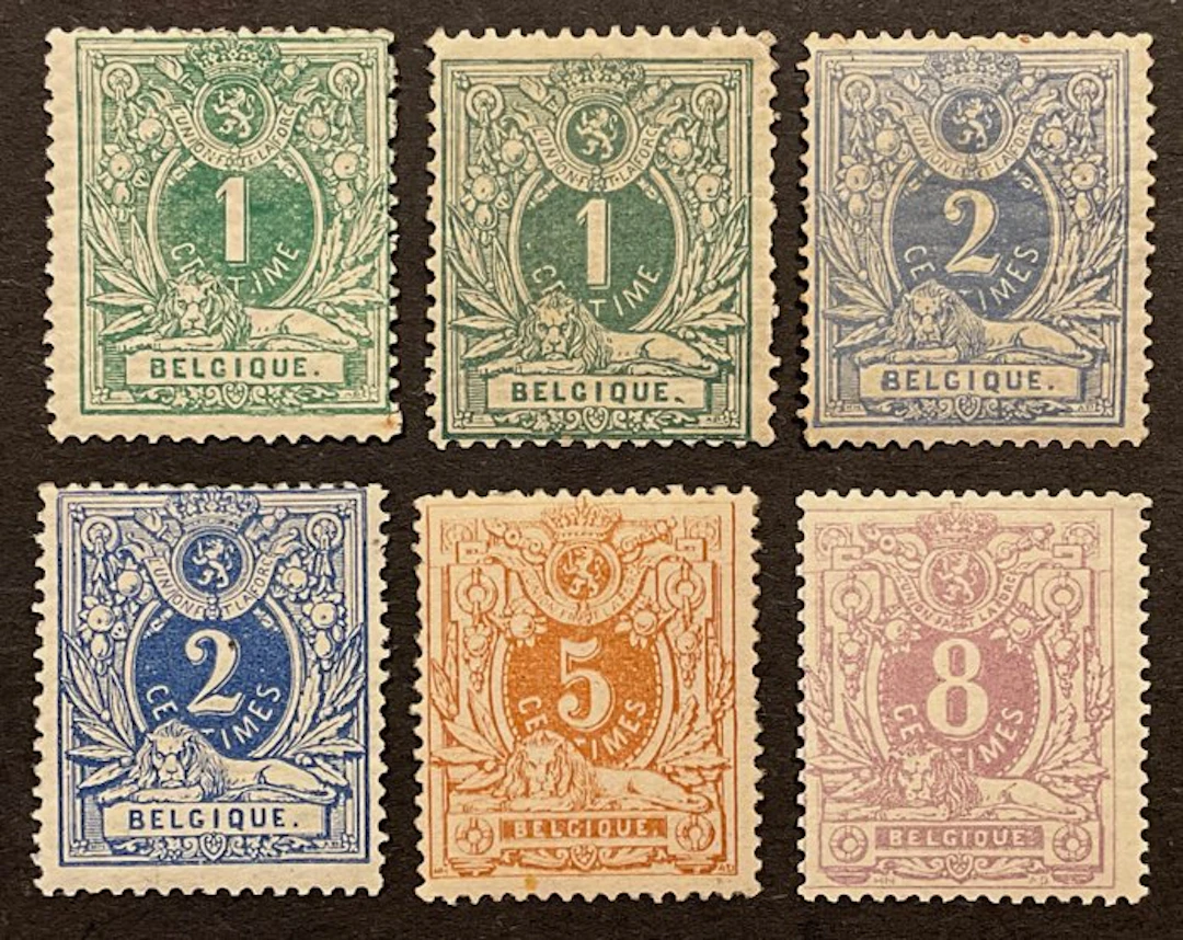 Belgium 1869/1876 - Lying lion with shield: 1c - 8c with...