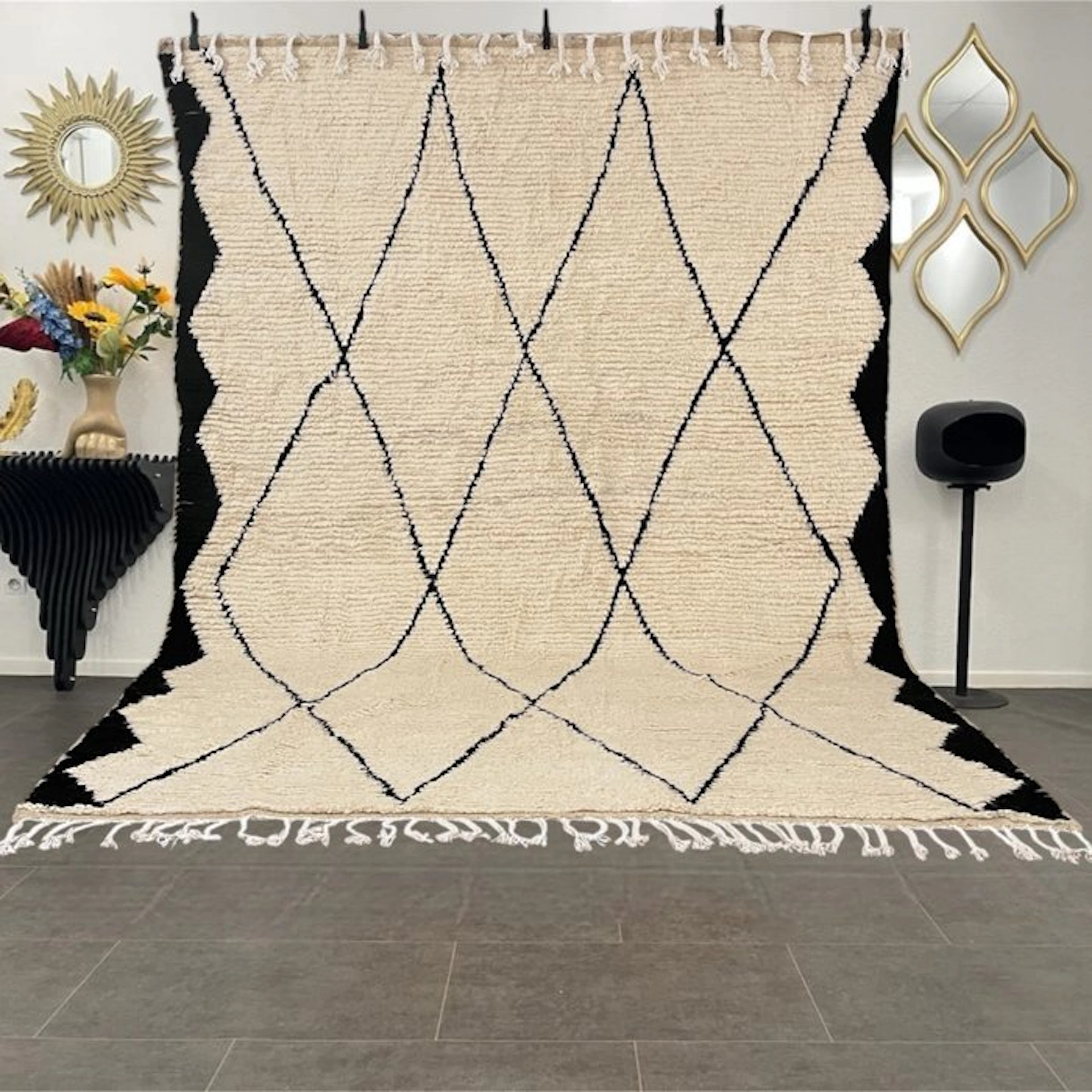 White and black Beni Ouarain Berber rug - Carpet - 290 cm - 204 cm - thick wool