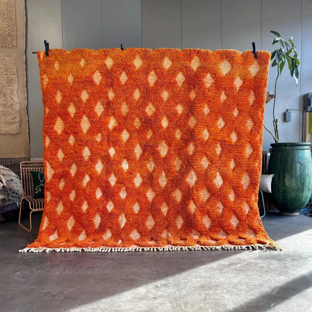 Orange Moroccan wool rug – Handmade geometric rug –...