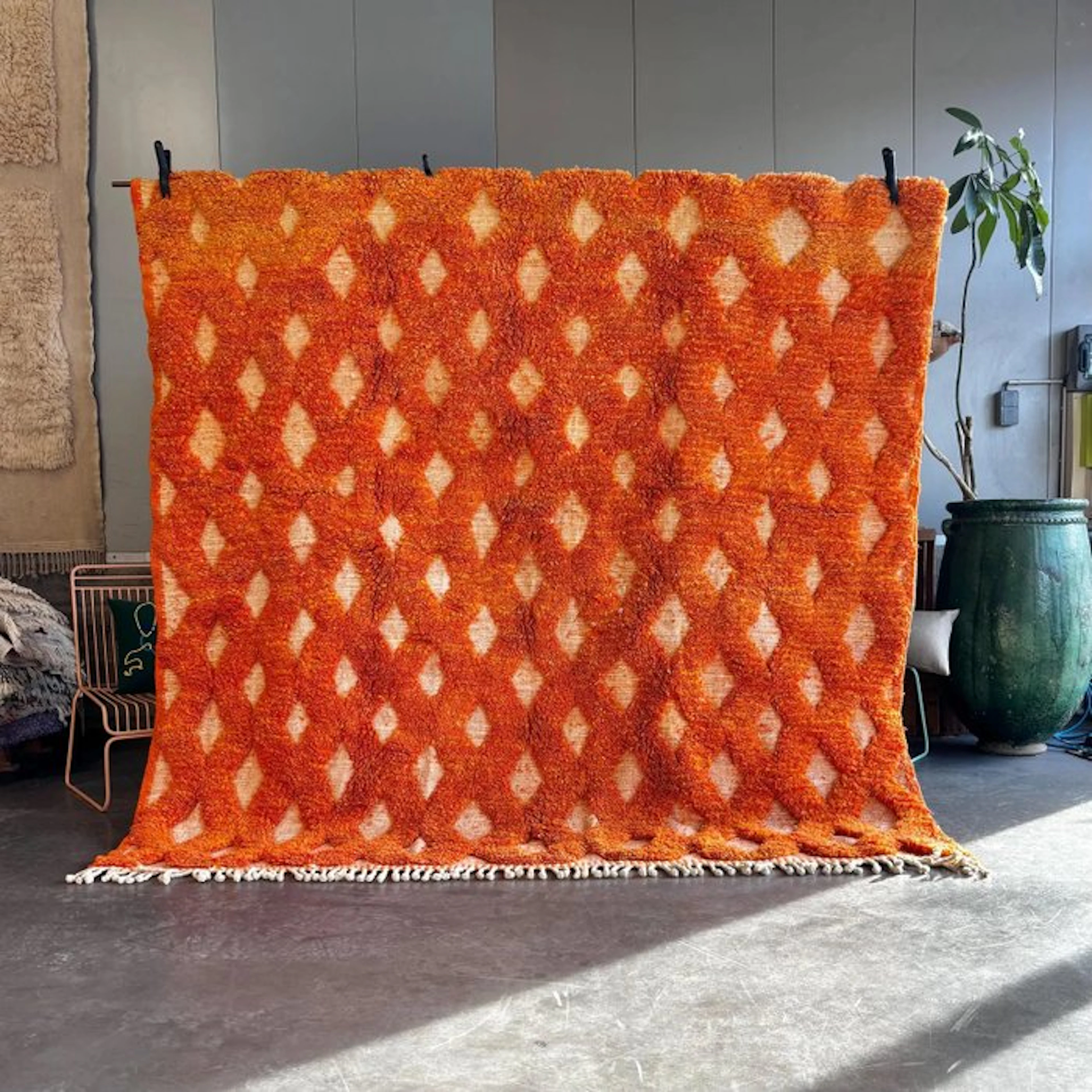 Orange Moroccan wool rug – Handmade geometric rug –...