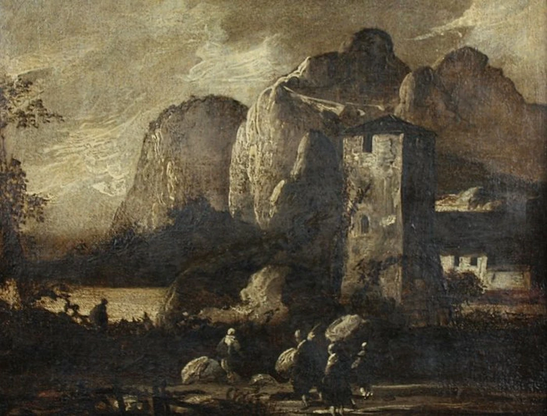 Antonio Cioci (XVIII) - Paesaggio alpino con torre e viandanti