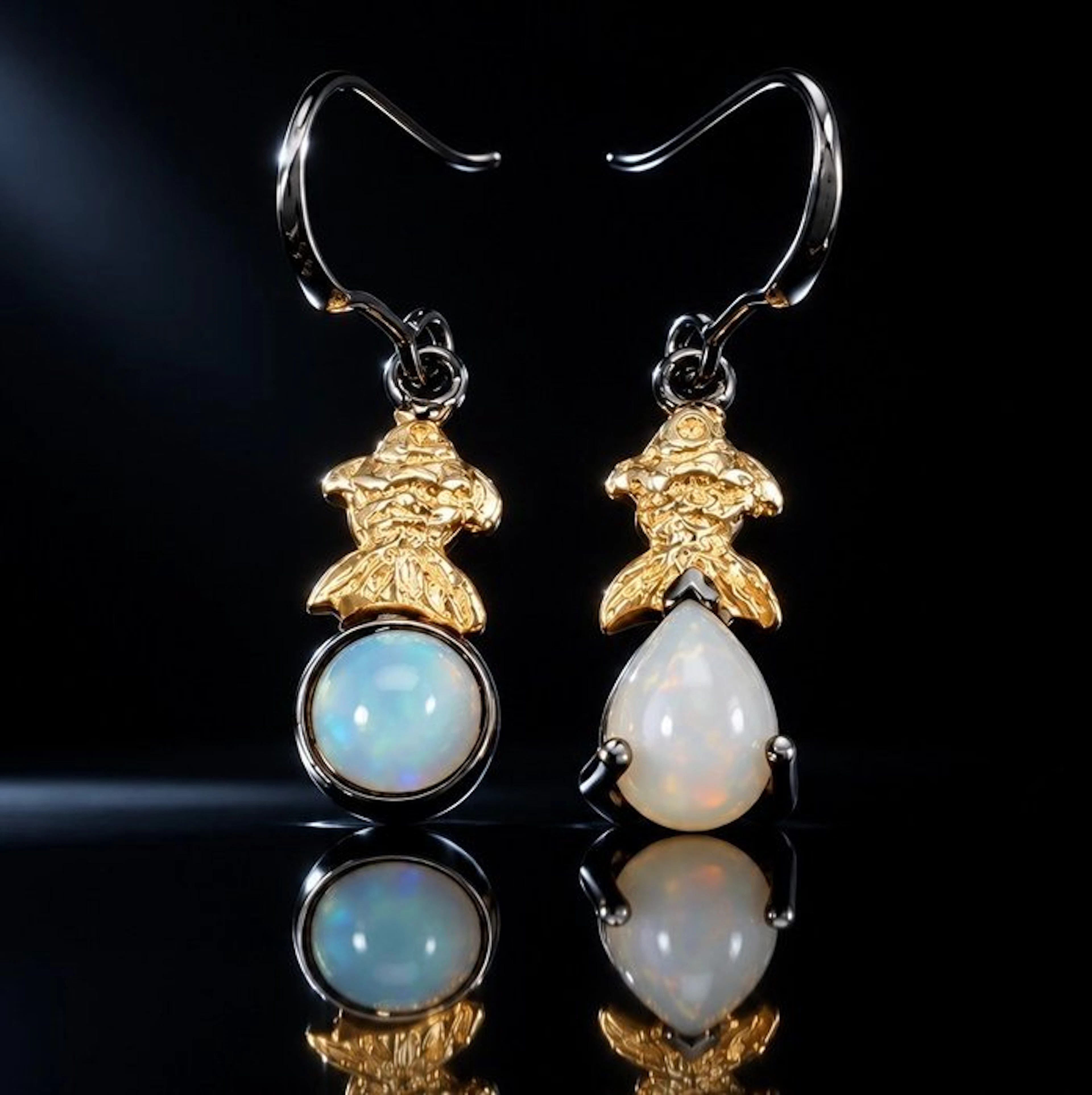 925 silver, black rhodium-plated, partially gold-plated, opals - Earrings