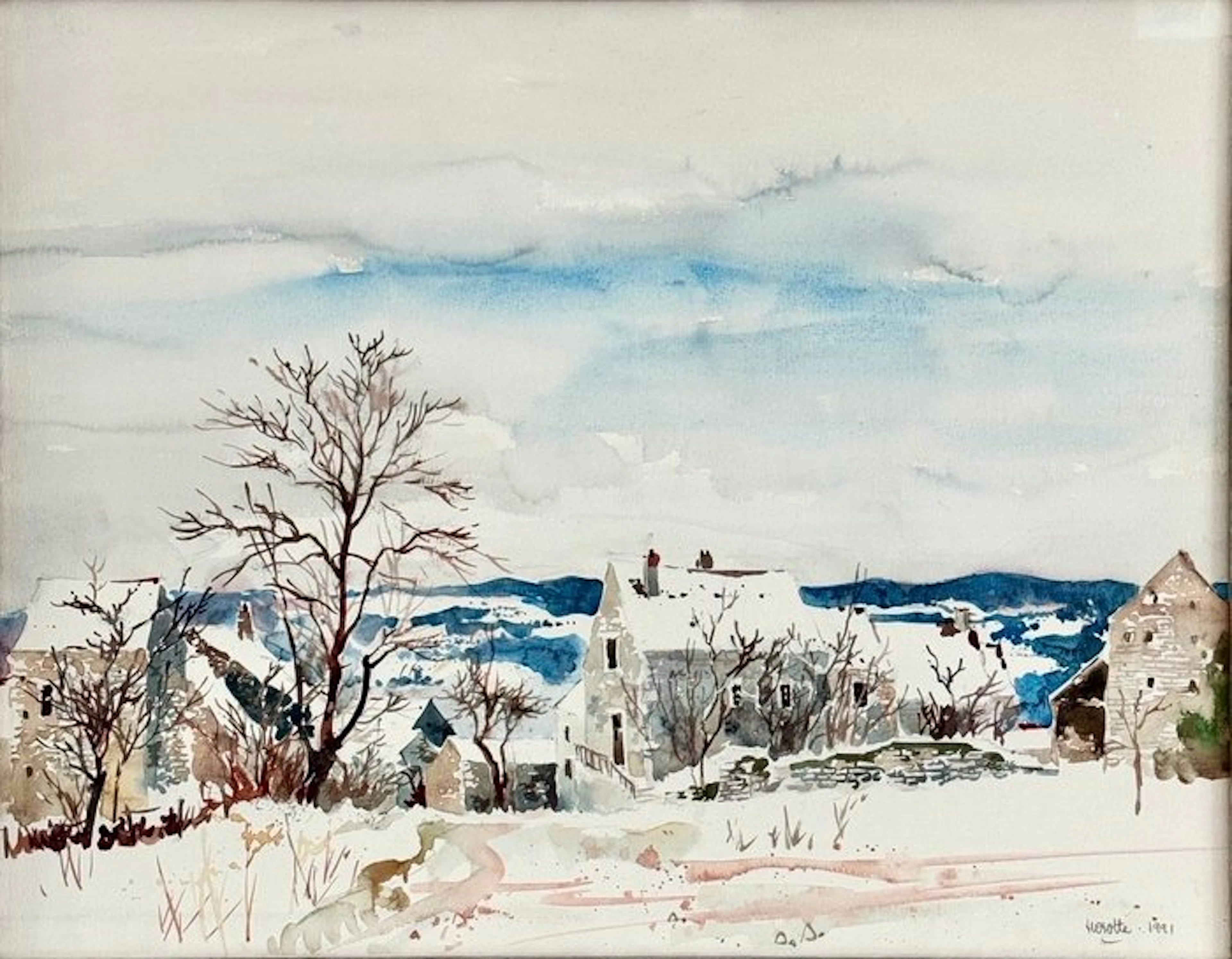 Georges Hosotte (1936) - Neige près de Vézelay, 1991 Grande aquarelle