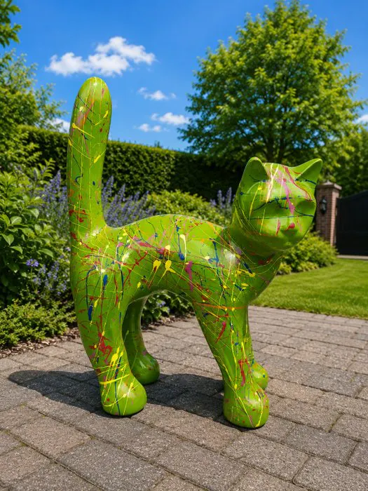 Statue, garden statue cat color green with paint color - 31 cm - polyresin