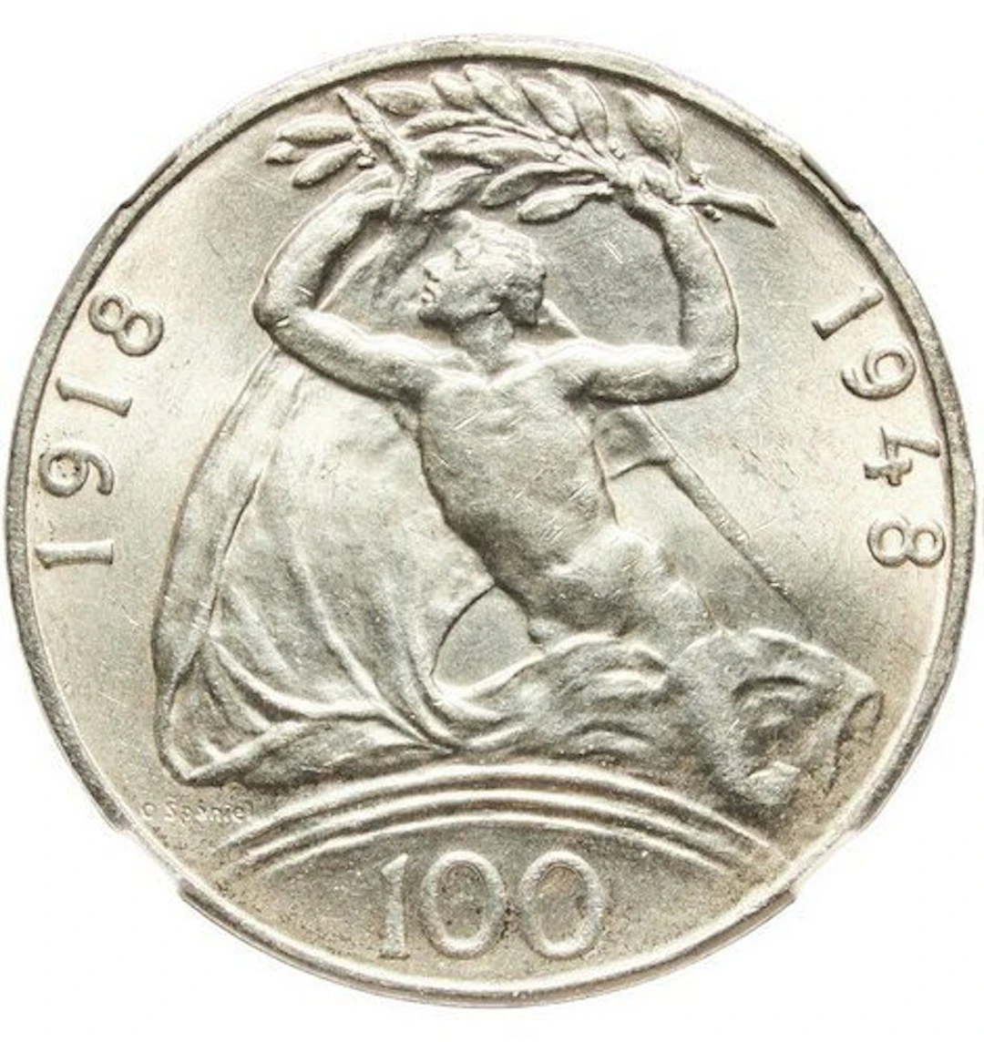 Czechoslovakia. 100 Korun 1948 - NGC MS63 (30th Anniversary of Independence)