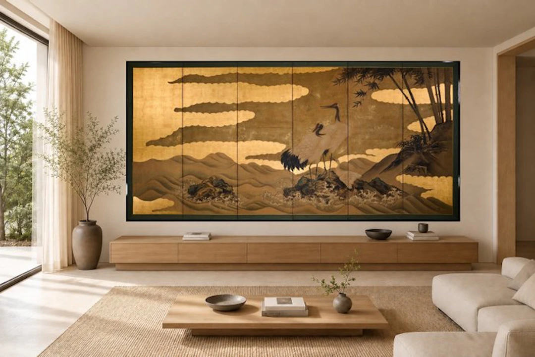 A gold leaf and gold sand six-panel folding screen byōbu...
