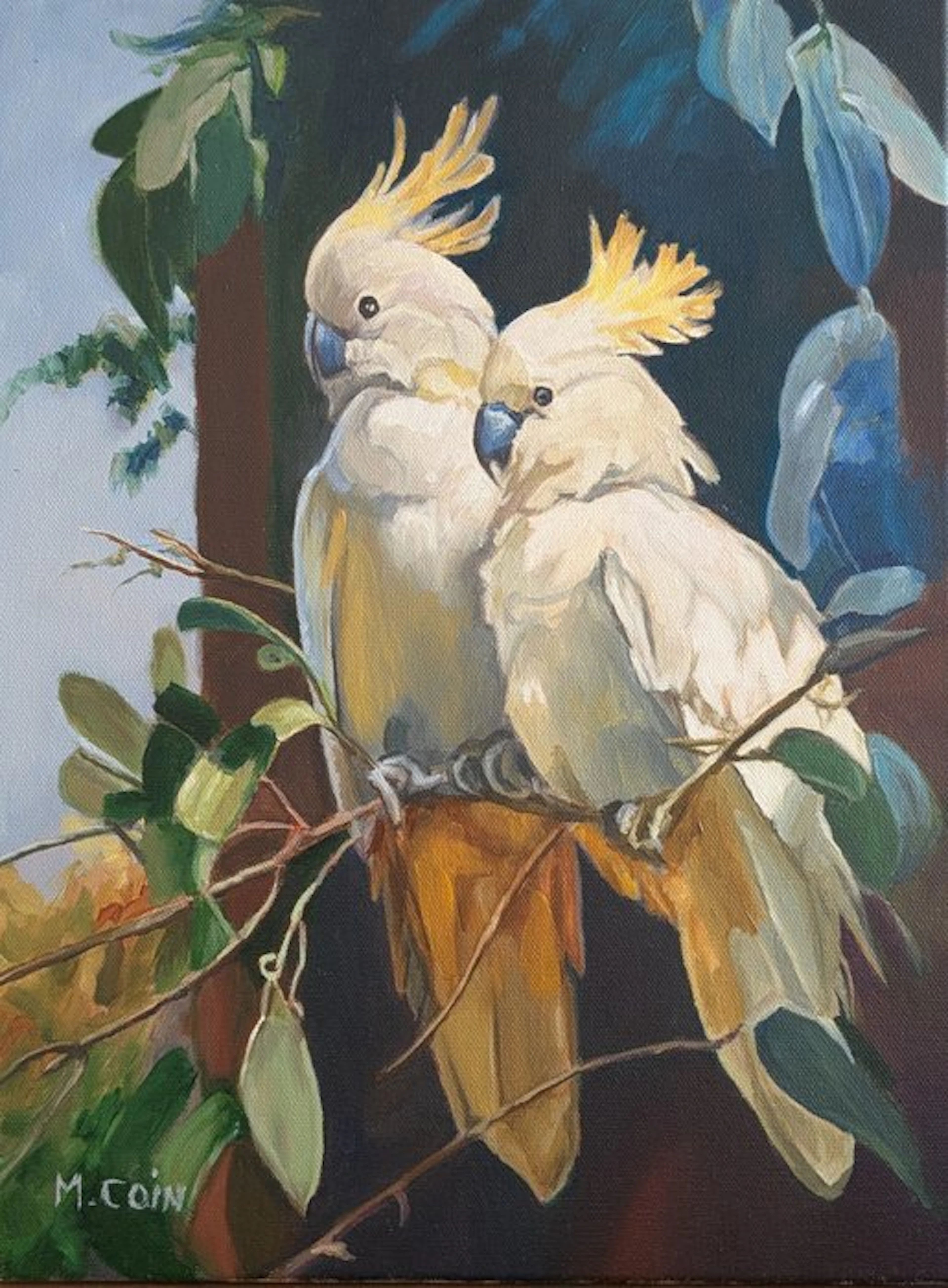 Maryse Coin - Les cacatoès à huppe jaune (huile)