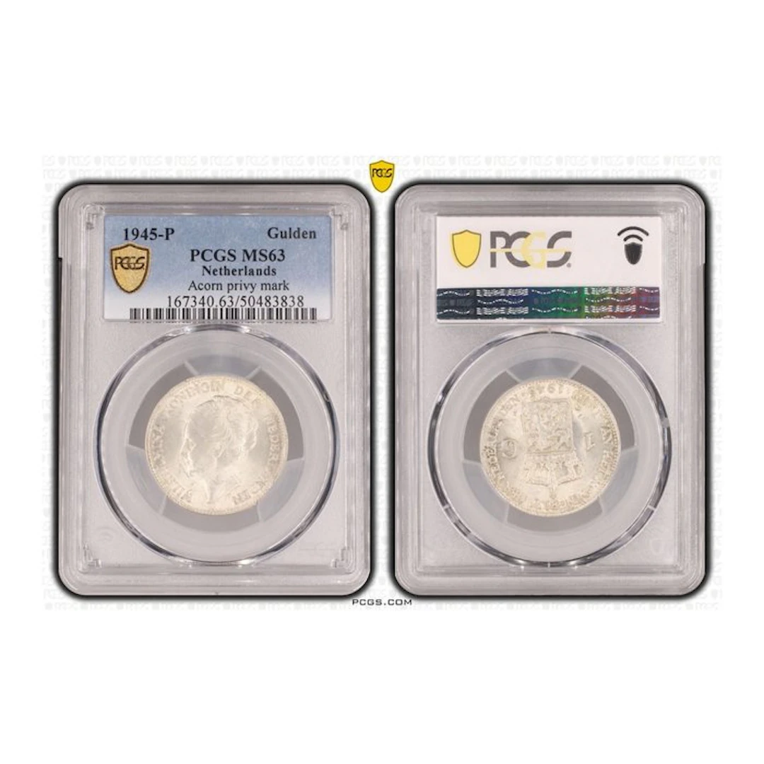 Netherlands. Wilhelmina. 1 Gulden 1945 EP in PCGS slab MS63 ZELDZAAM