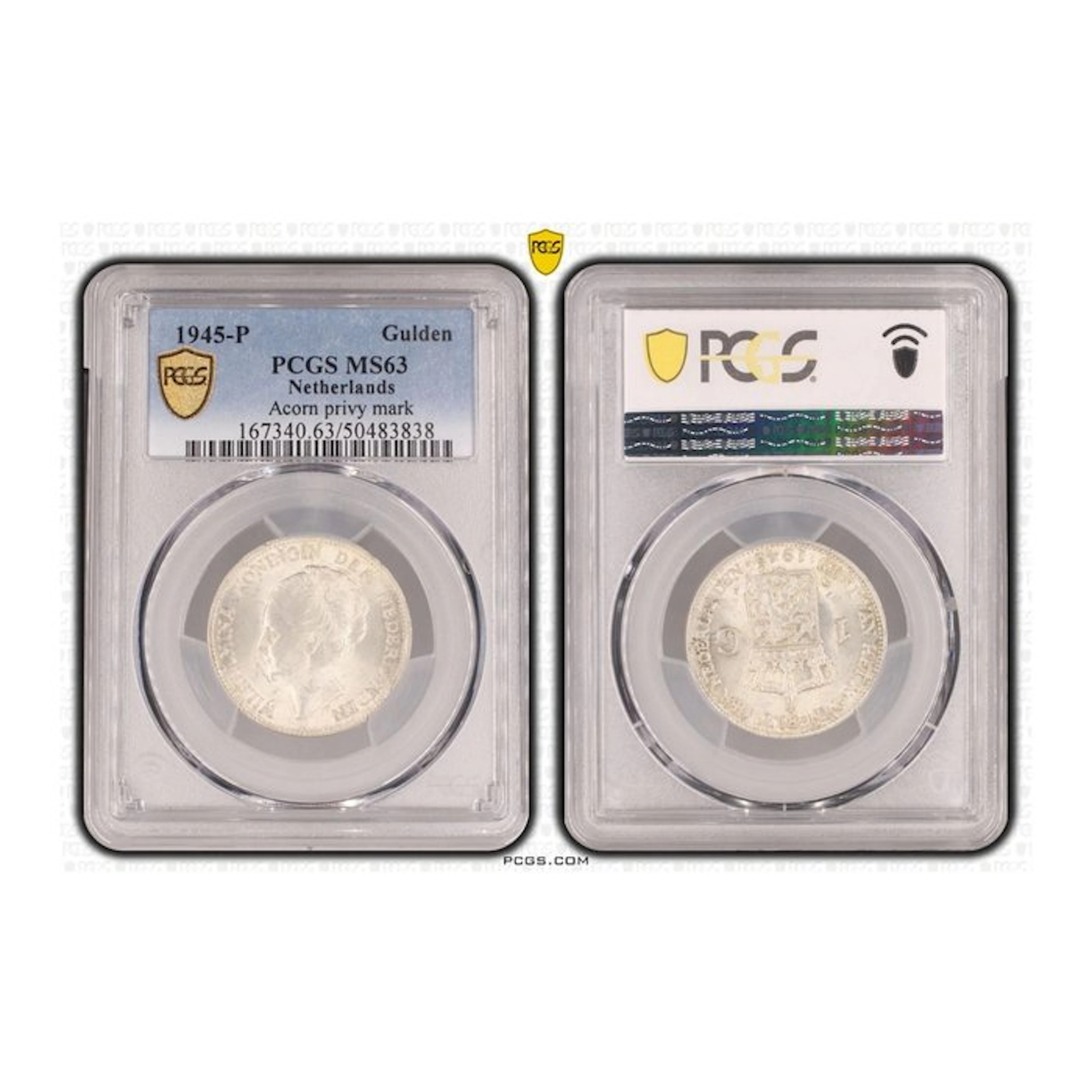 Netherlands. Wilhelmina. 1 Gulden 1945 EP in PCGS slab MS63 ZELDZAAM