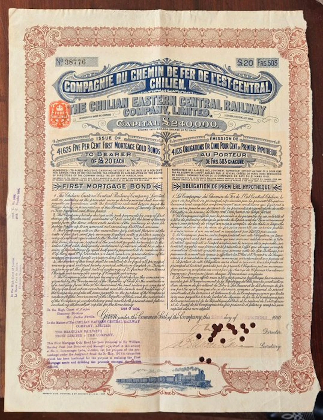 Chile. 20 Pounds - 1910 - The Chilian Eastern Central Rayway Company Ltd.