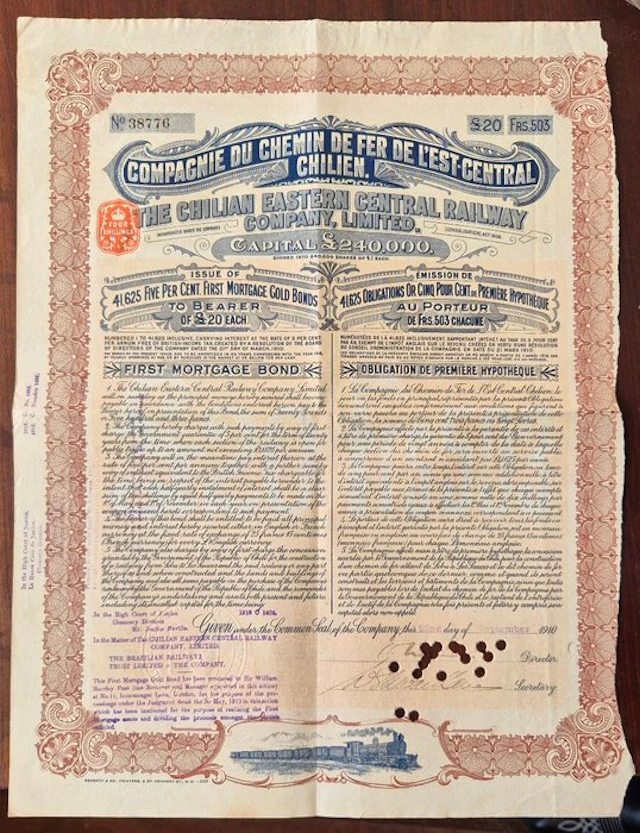 Chile. 20 Pounds - 1910 - The Chilian Eastern Central Rayway Company Ltd.